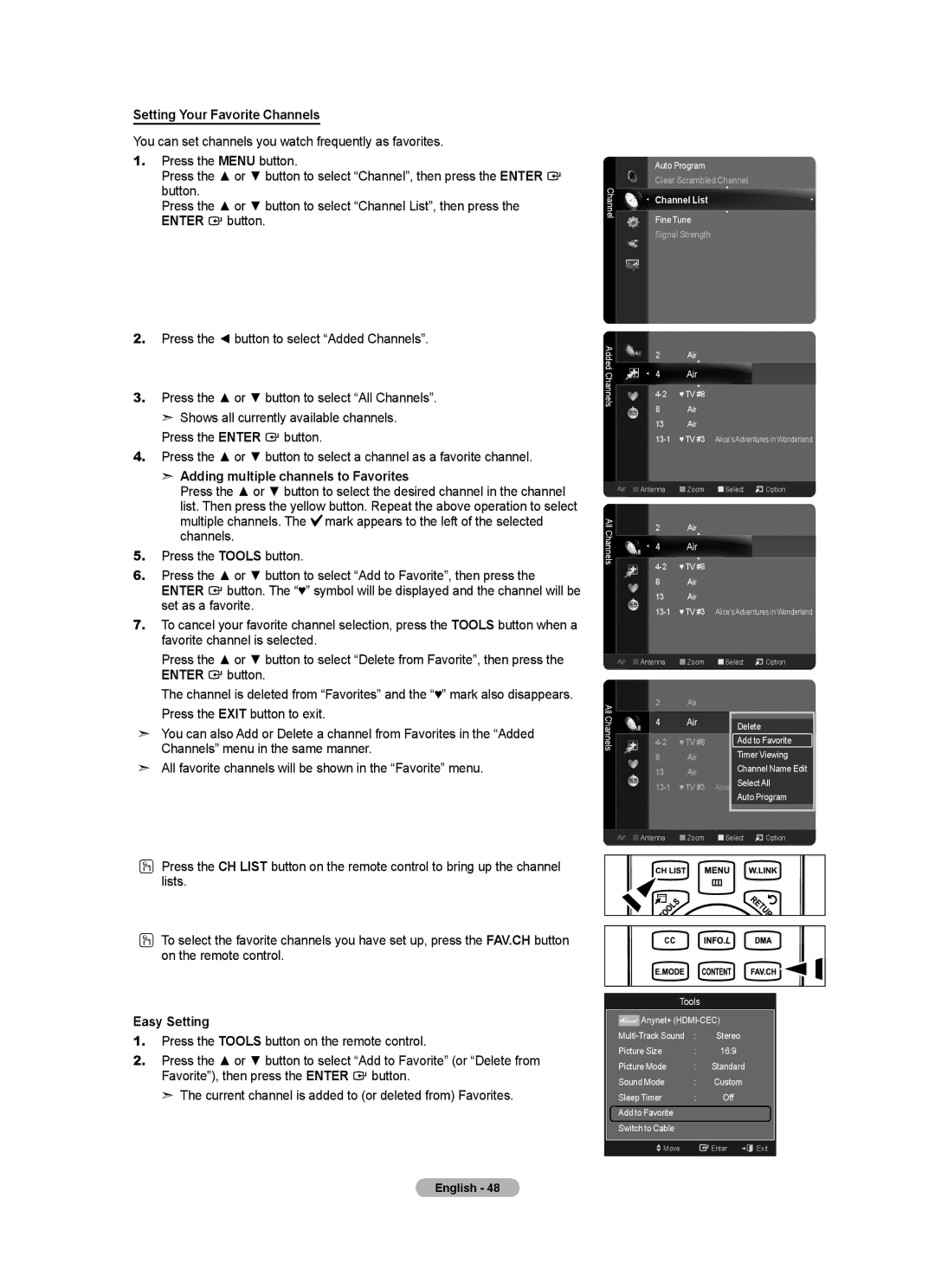 Samsung BN68-01691A-02 user manual Setting Your Favorite Channels, Adding multiple channels to Favorites 