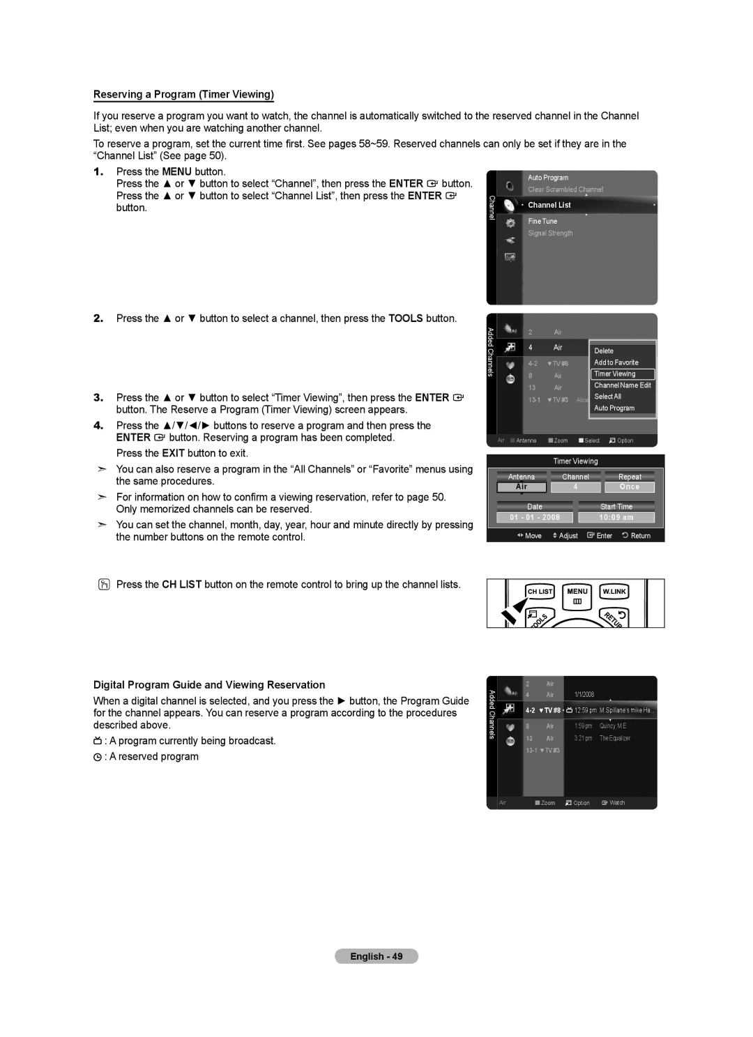 Samsung BN68-01691A-02 user manual Reserving a Program Timer Viewing, Digital Program Guide and Viewing Reservation 