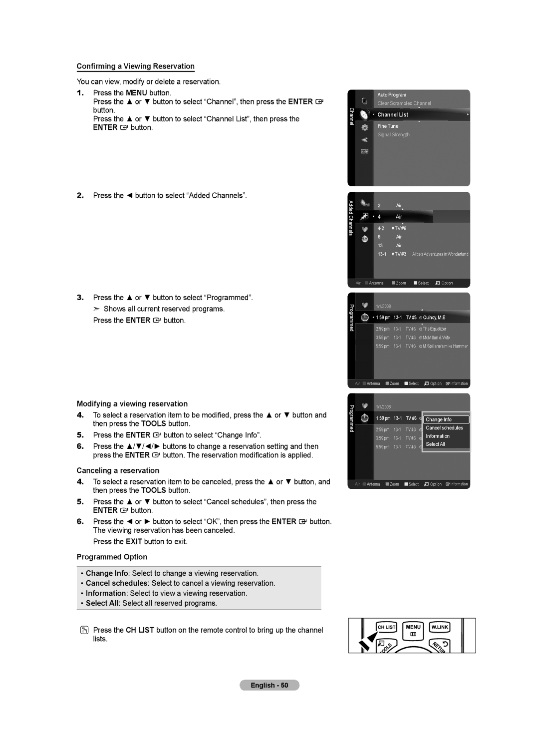 Samsung BN68-01691A-02 Confirming a Viewing Reservation, Modifying a viewing reservation, Canceling a reservation 