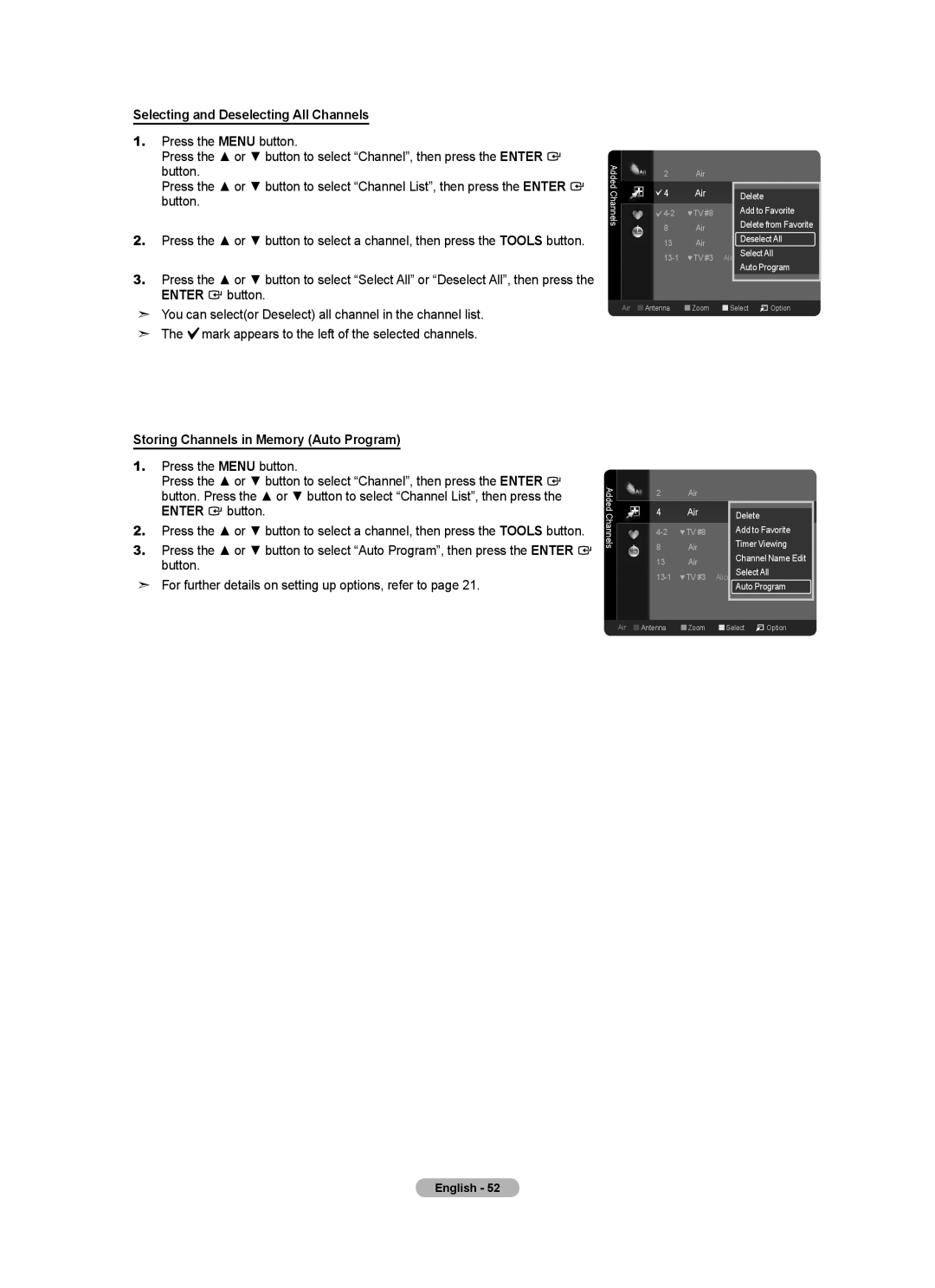 Samsung BN68-01691A-02 user manual Selecting and Deselecting All Channels, Storing Channels in Memory Auto Program 