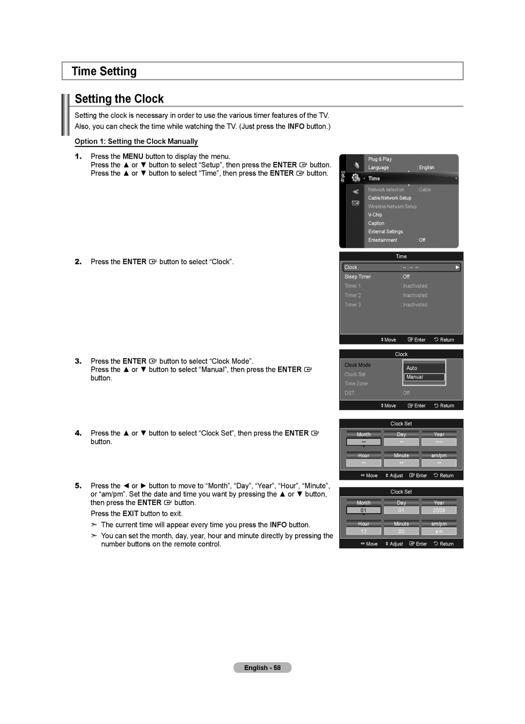 Samsung BN68-01691A-02 user manual Time Setting Setting the Clock, Option 1 Setting the Clock Manually 