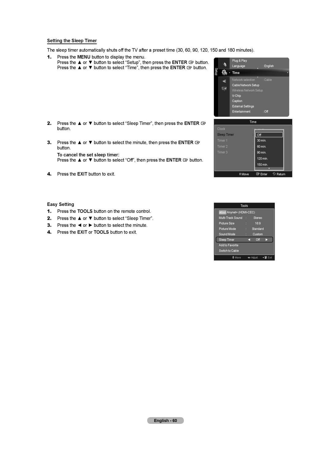 Samsung BN68-01691A-02 user manual Setting the Sleep Timer, To cancel the set sleep timer 