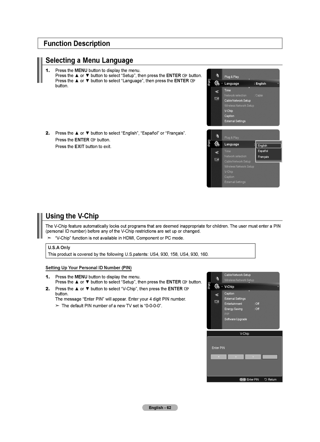 Samsung BN68-01691A-02 user manual Function Description Selecting a Menu Language, Using the V-Chip 