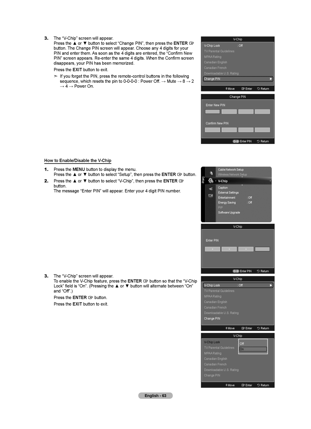 Samsung BN68-01691A-02 user manual V-Chip screen will appear, How to Enable/Disable the V-Chip 