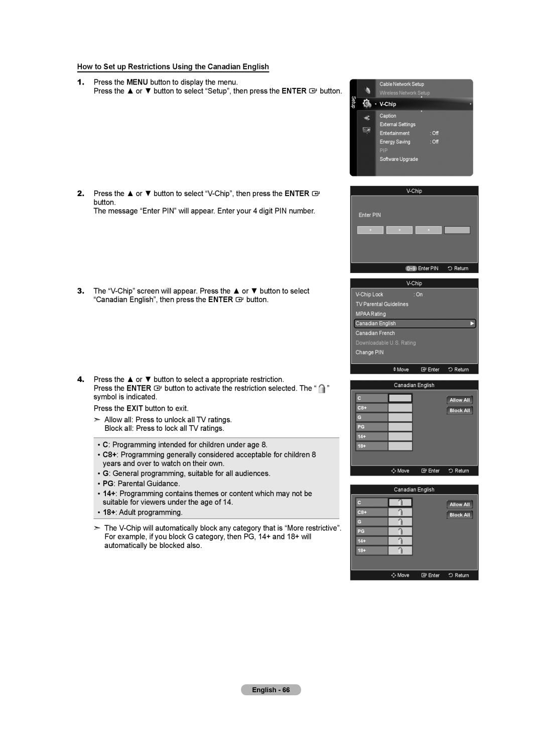 Samsung BN68-01691A-02 user manual How to Set up Restrictions Using the Canadian English, Chip Lock TV Parental Guidelines 