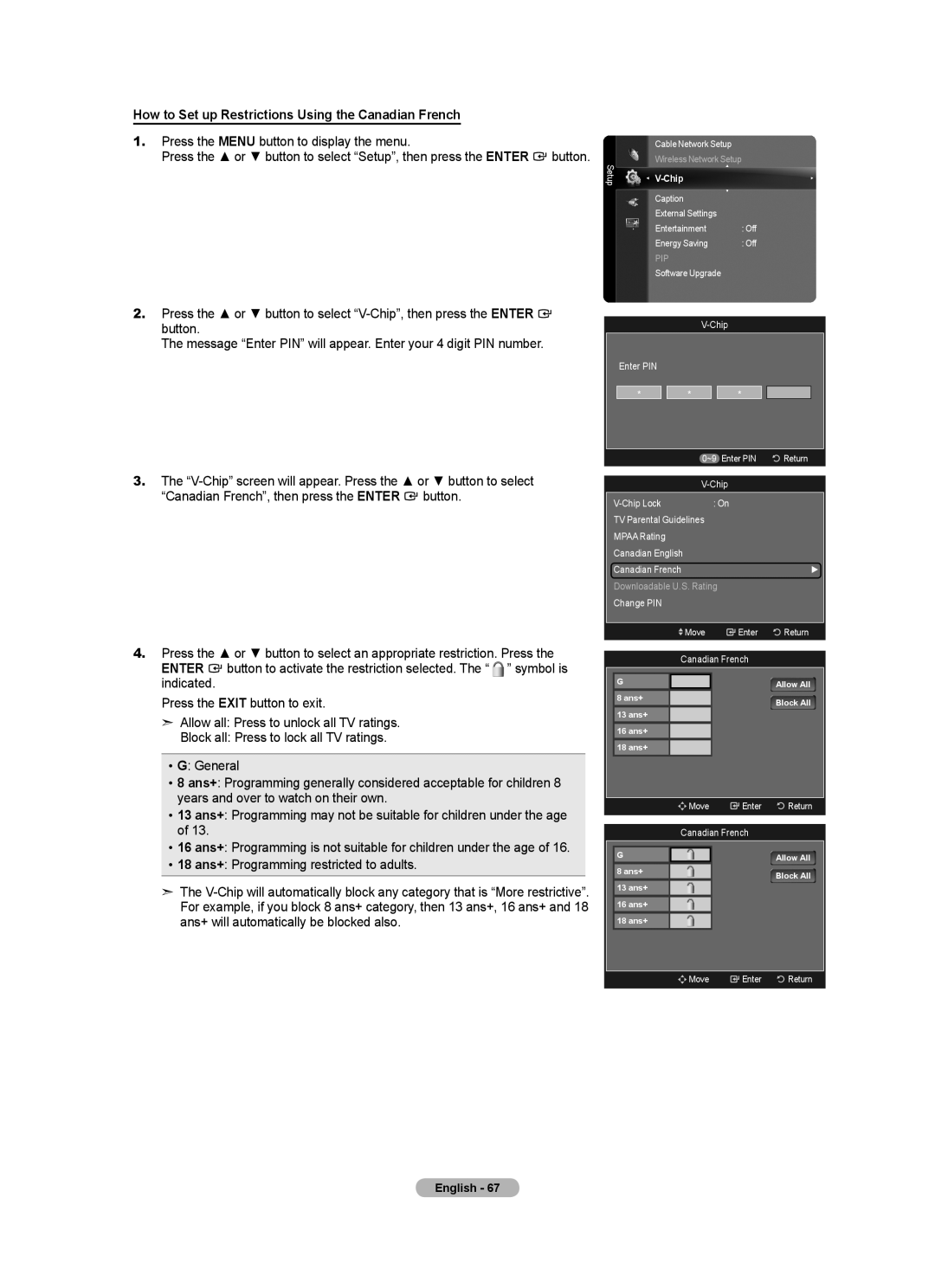 Samsung BN68-01691A-02 user manual How to Set up Restrictions Using the Canadian French 