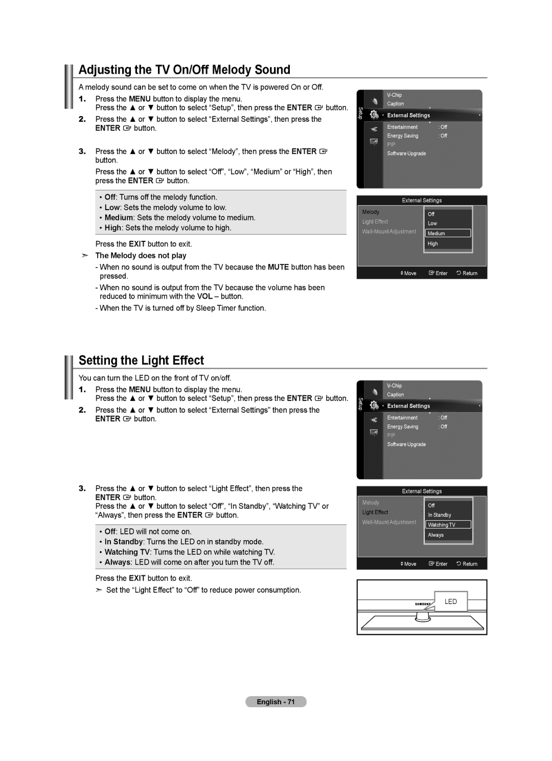 Samsung BN68-01691A-02 user manual Adjusting the TV On/Off Melody Sound, Setting the Light Effect, Melody does not play 