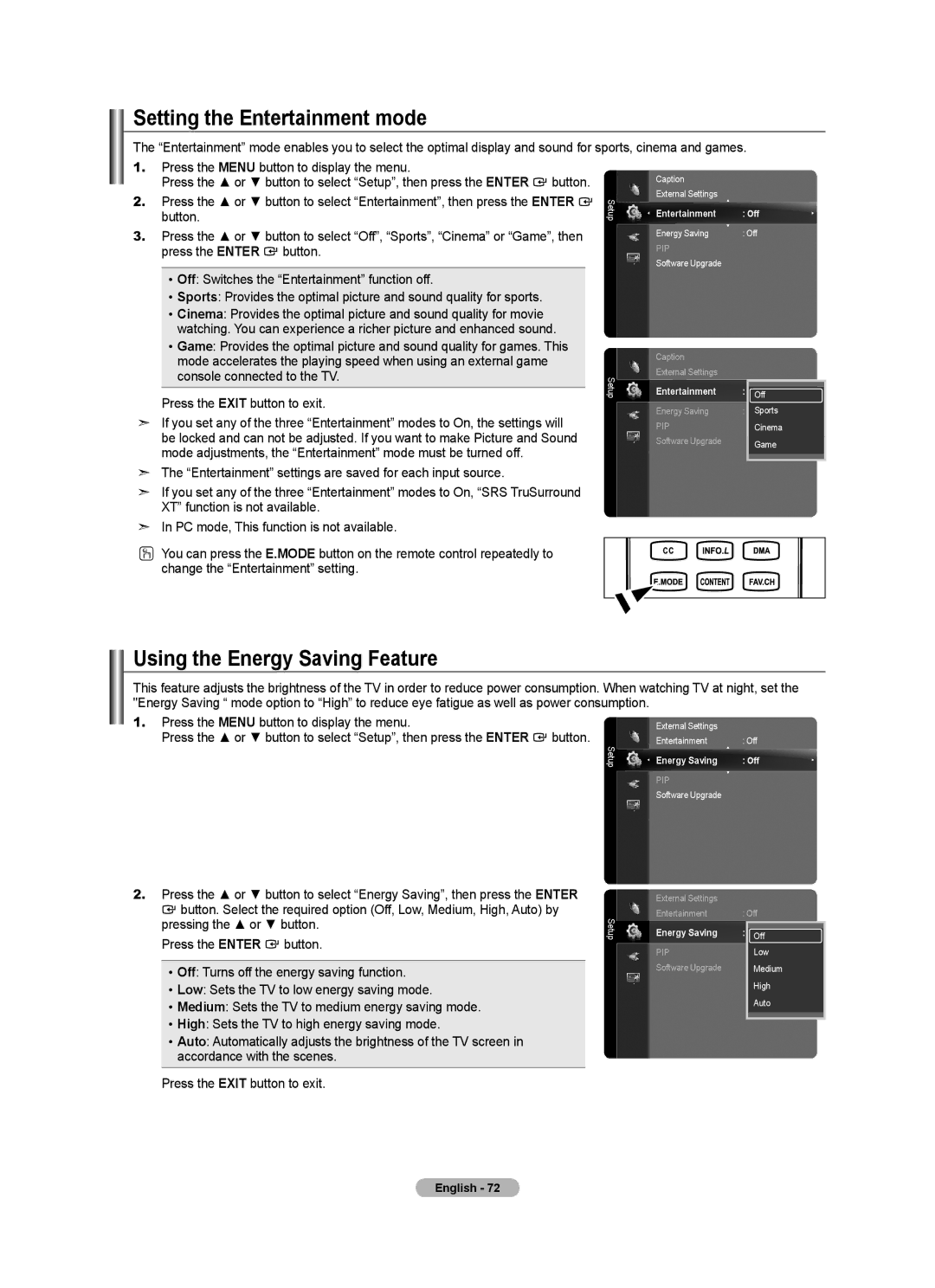 Samsung BN68-01691A-02 user manual Setting the Entertainment mode, Using the Energy Saving Feature, Entertainment Off 