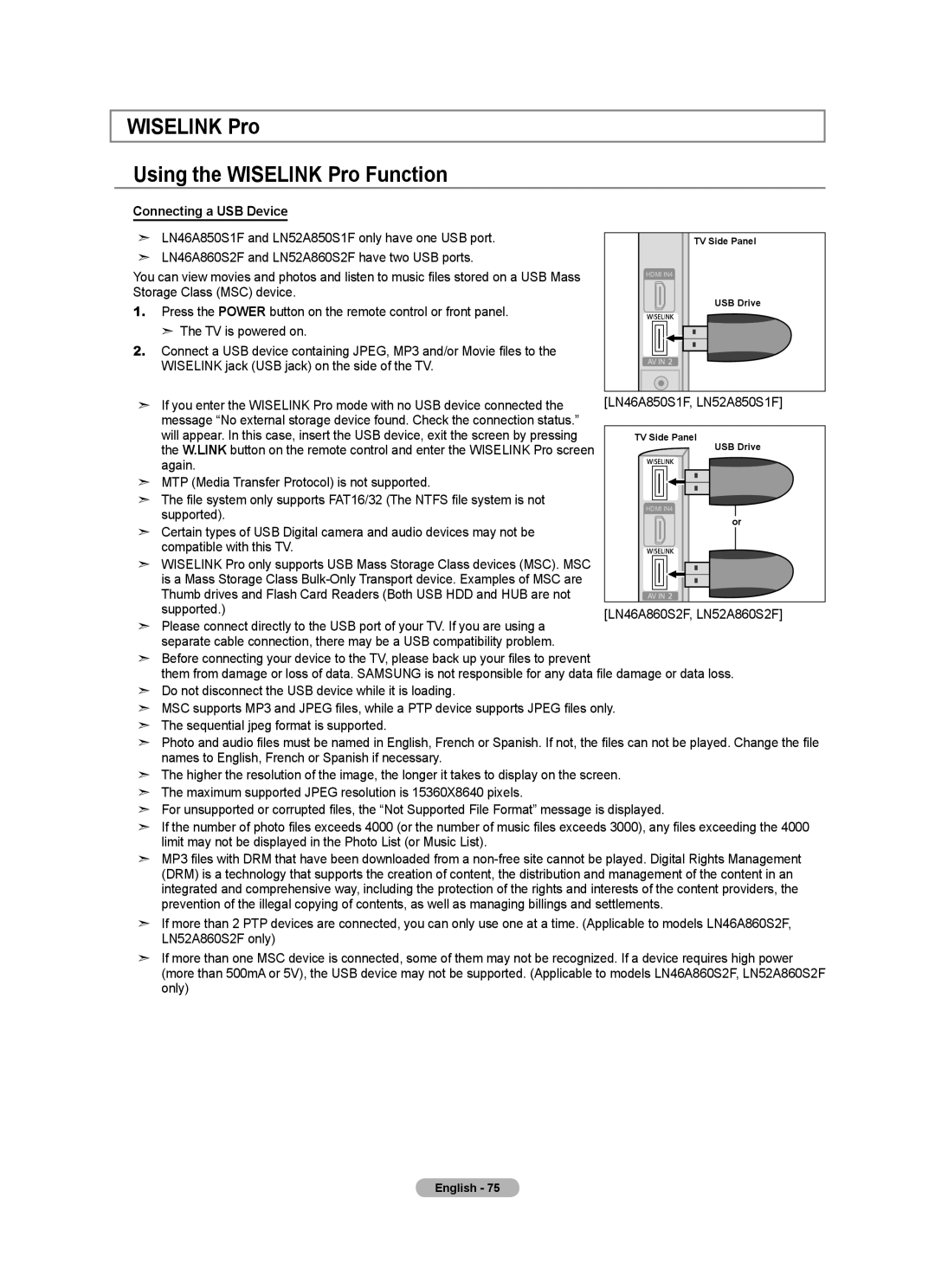 Samsung BN68-01691A-02 user manual Wiselink Pro Using the Wiselink Pro Function, Connecting a USB Device 