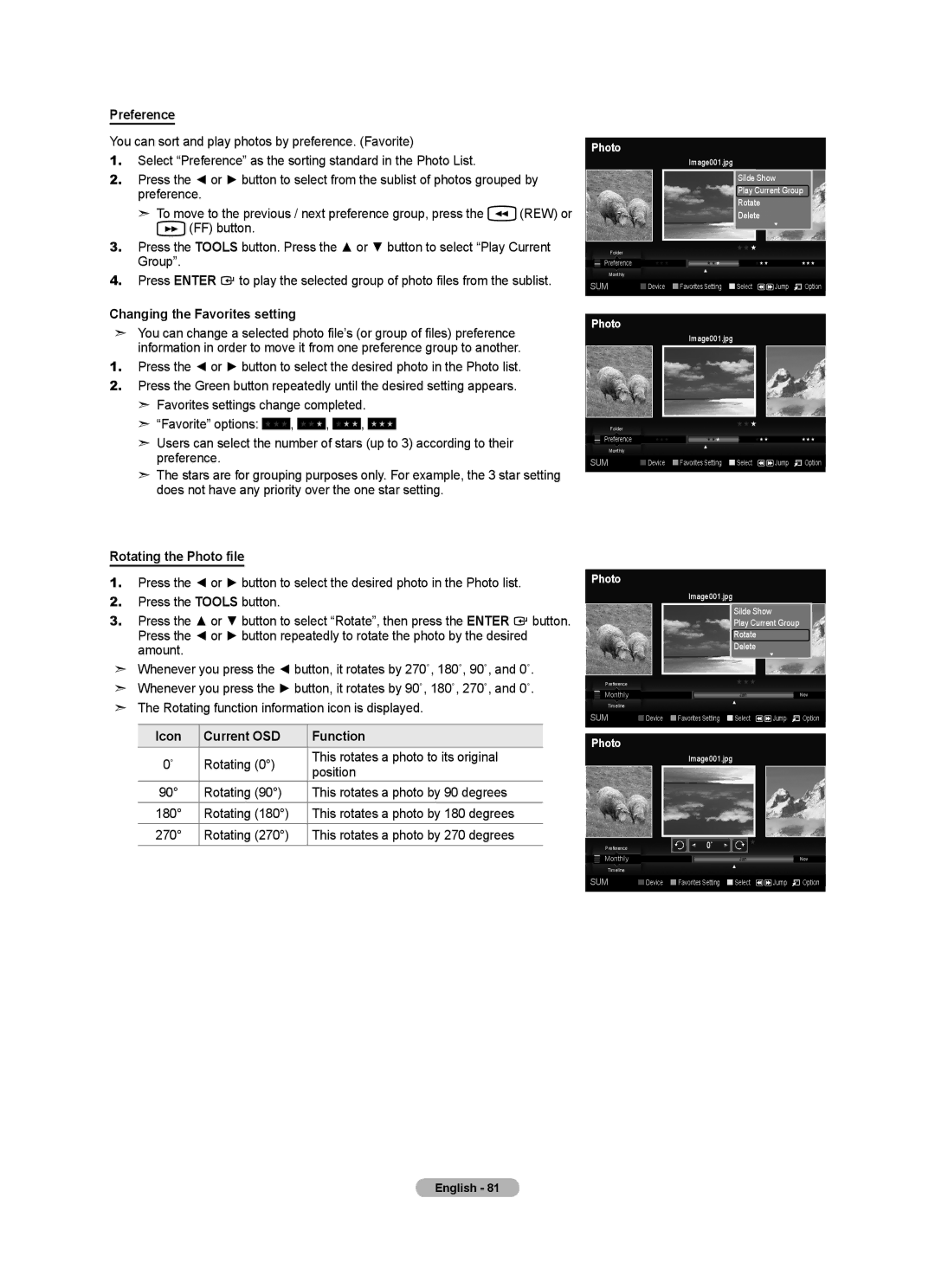 Samsung BN68-01691A-02 Preference, Changing the Favorites setting, Rotating the Photo file, Icon Current OSD Function 