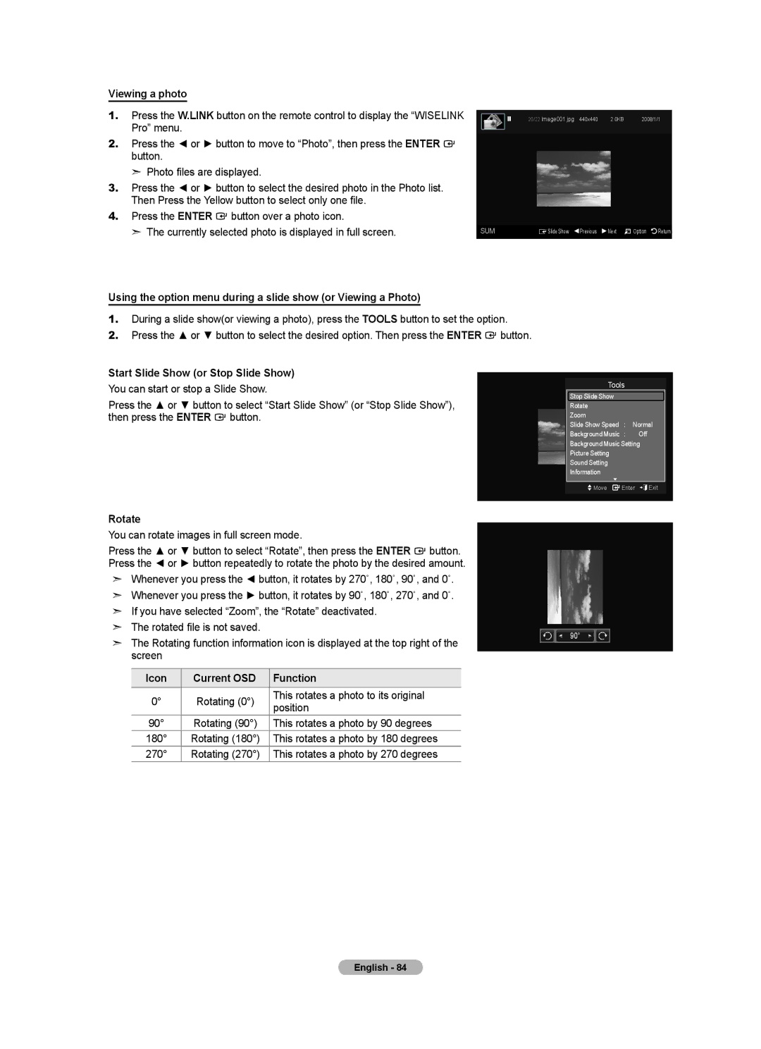 Samsung BN68-01691A-02 user manual Viewing a photo, Start Slide Show or Stop Slide Show, Rotate 