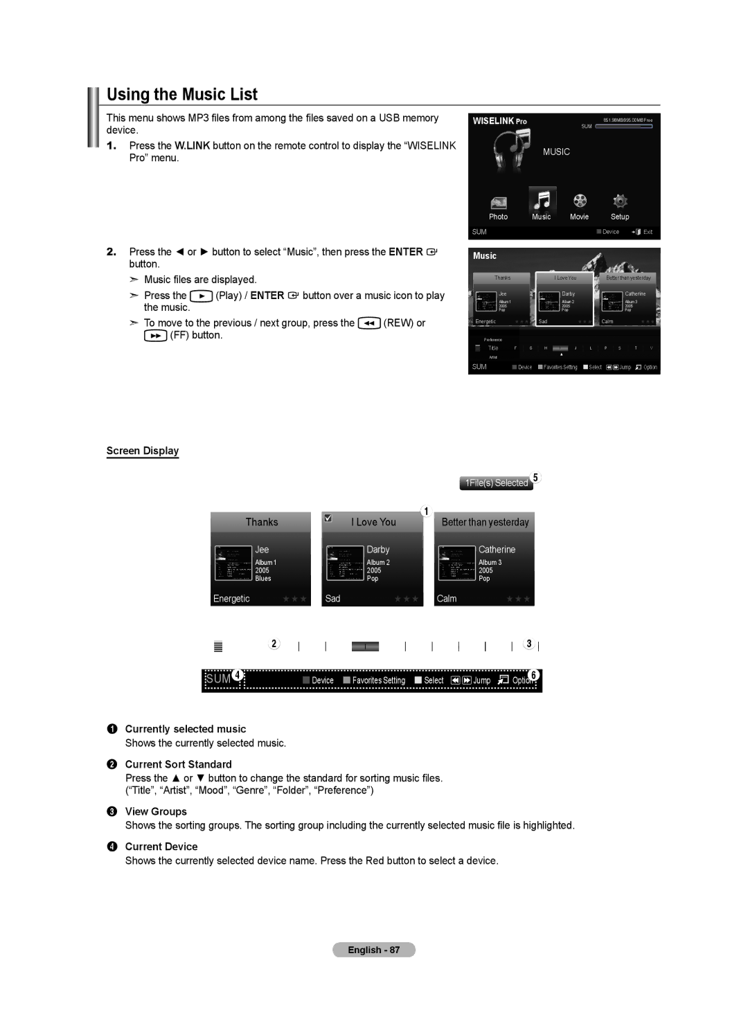 Samsung BN68-01691A-02 user manual Using the Music List, Currently selected music, Shows the currently selected music 