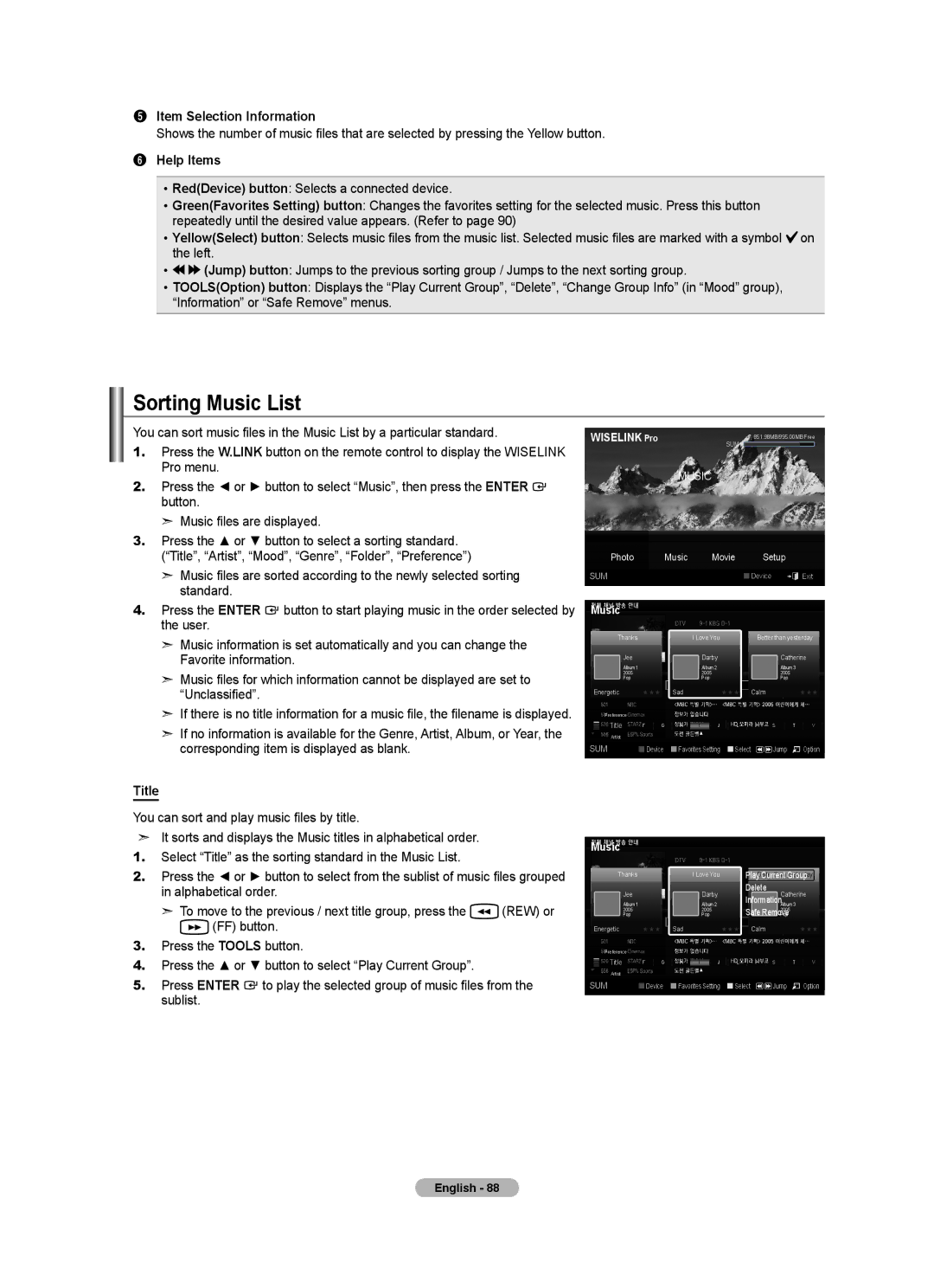 Samsung BN68-01691A-02 user manual Sorting Music List, Title 