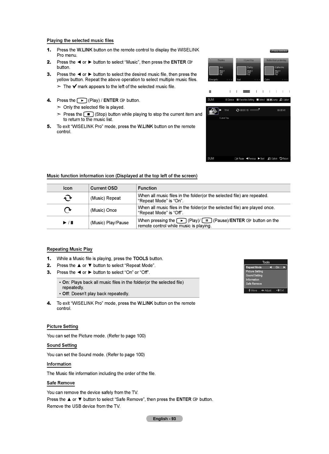 Samsung BN68-01691A-02 user manual Playing the selected music files, Repeating Music Play 