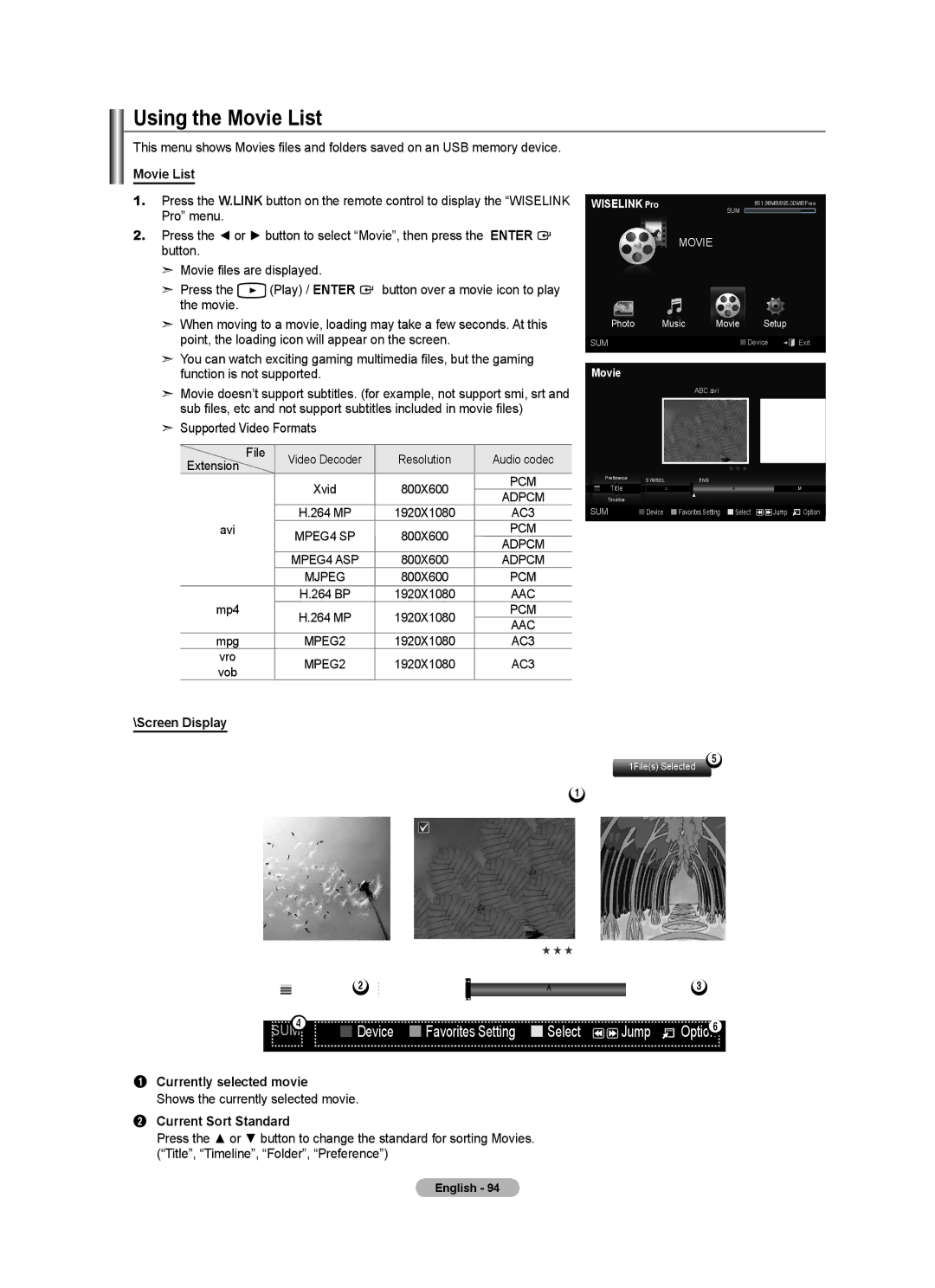 Samsung BN68-01691A-02 user manual Using the Movie List, Screen Display, Currently selected movie 