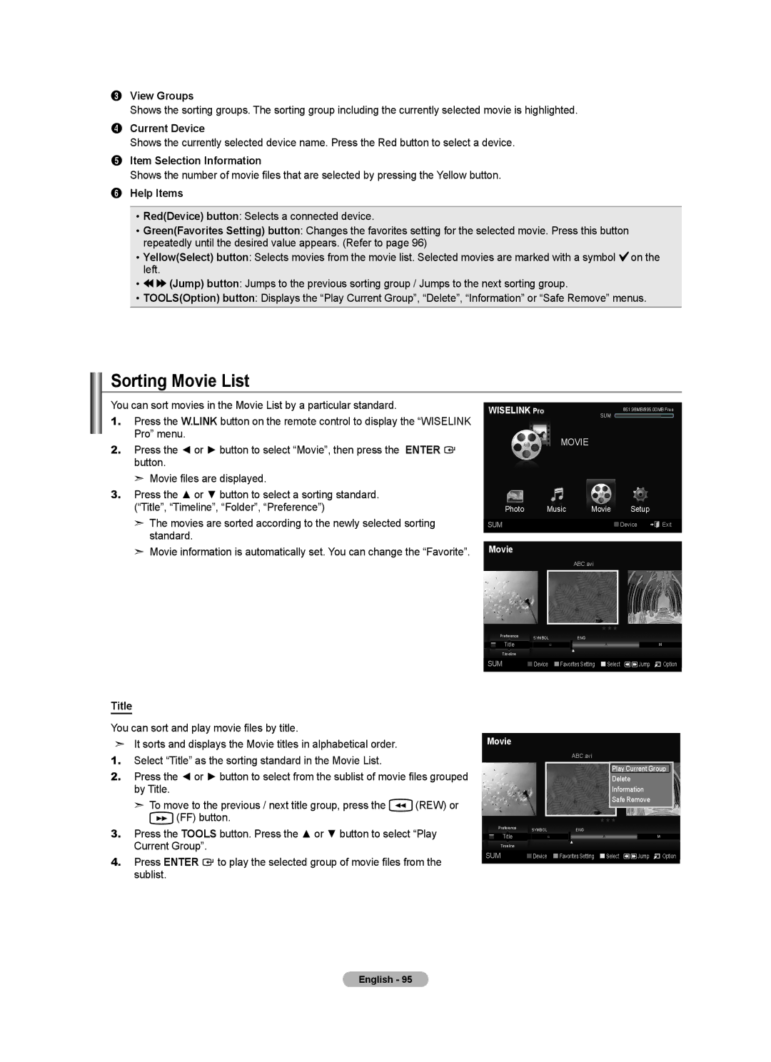 Samsung BN68-01691A-02 user manual Sorting Movie List, Press the or button to select Movie, then press the Enter, Standard 