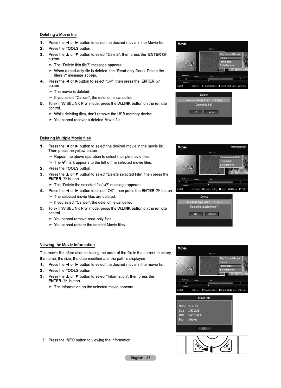 Samsung BN68-01691A-02 user manual Deleting a Movie file, Deleting Multiple Movie files, Viewing the Movie Information 