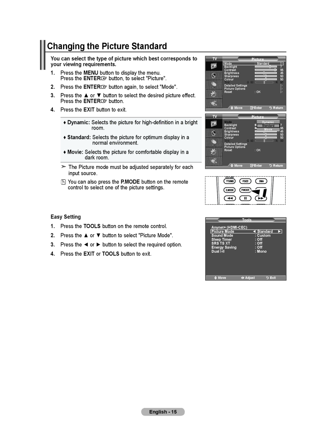 Samsung BN68-01699A-00 user manual Changing the Picture Standard, Easy Setting 