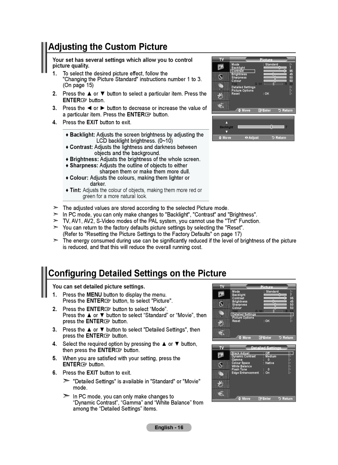 Samsung BN68-01699A-00 user manual Adjusting the Custom Picture, Configuring Detailed Settings on the Picture 