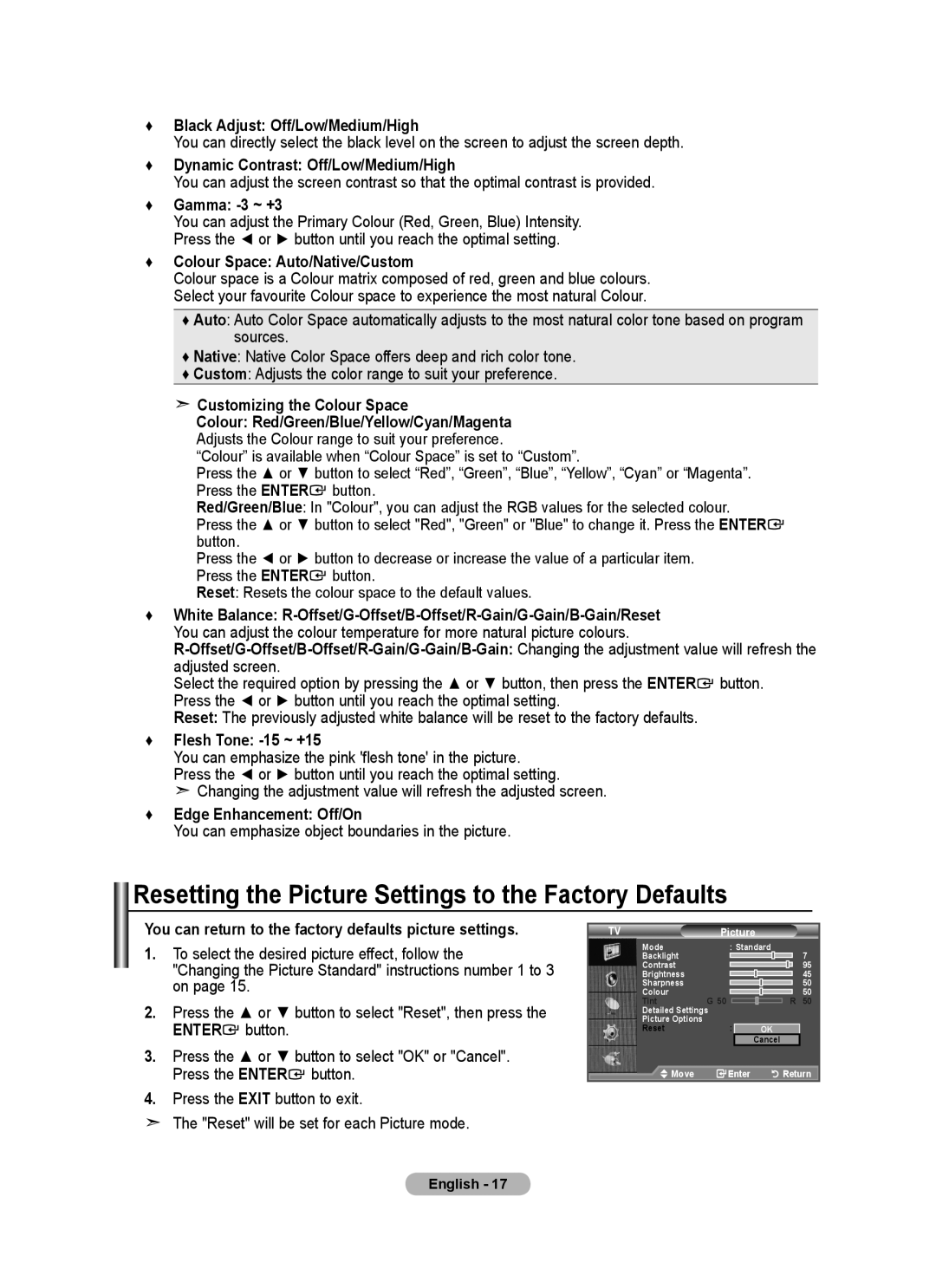 Samsung BN68-01699A-00 user manual Resetting the Picture Settings to the Factory Defaults 