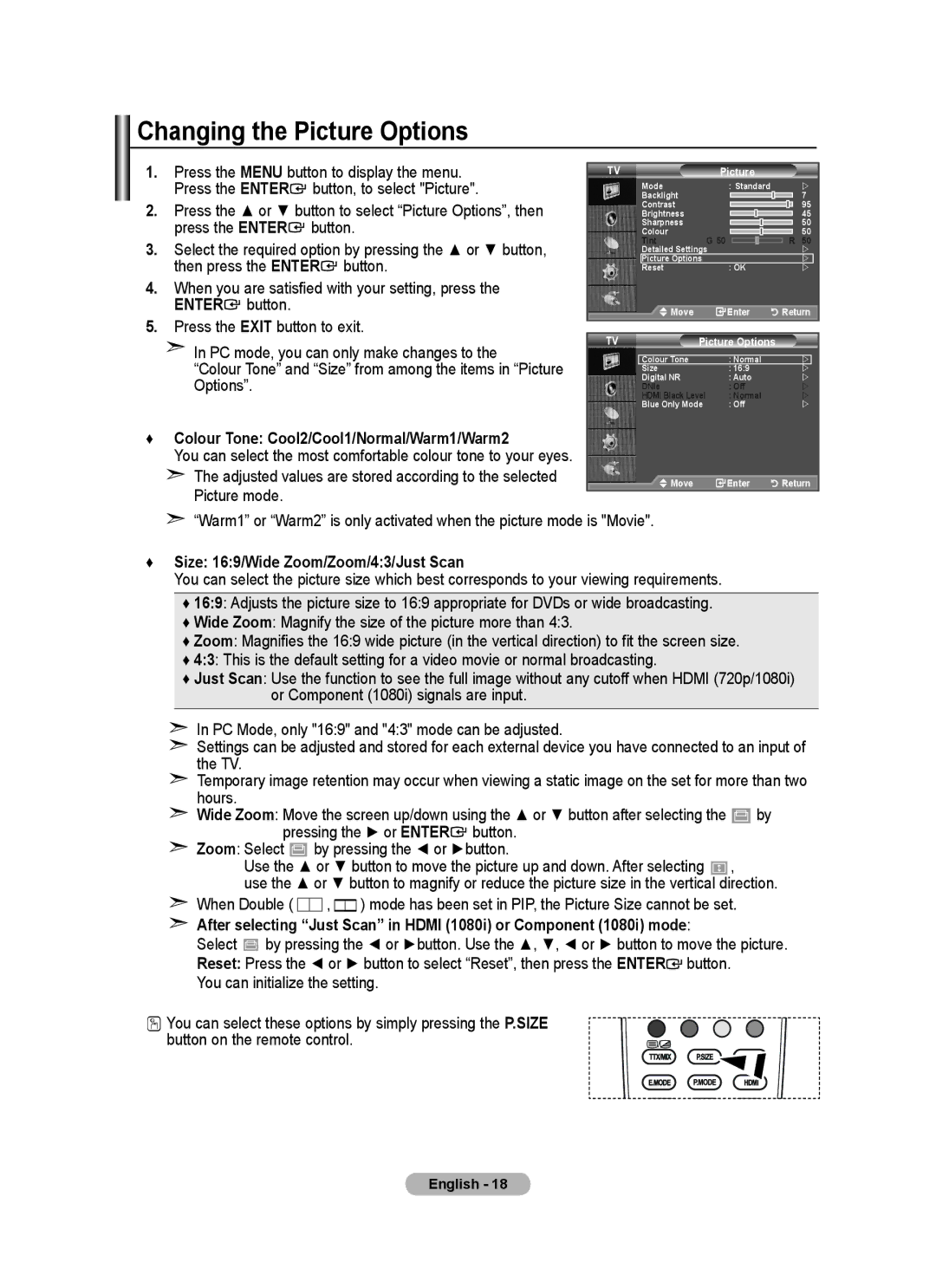 Samsung BN68-01699A-00 user manual Changing the Picture Options, Colour Tone Cool2/Cool1/Normal/Warm1/Warm2 