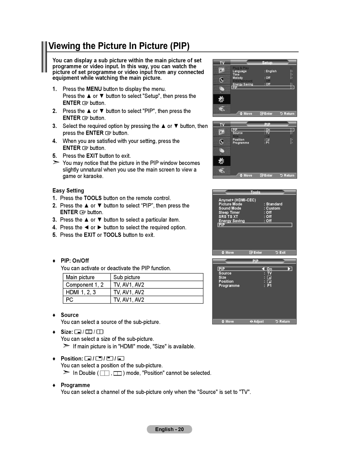 Samsung BN68-01699A-00 user manual Viewing the Picture In Picture PIP, Source, Size, Position, Programme 