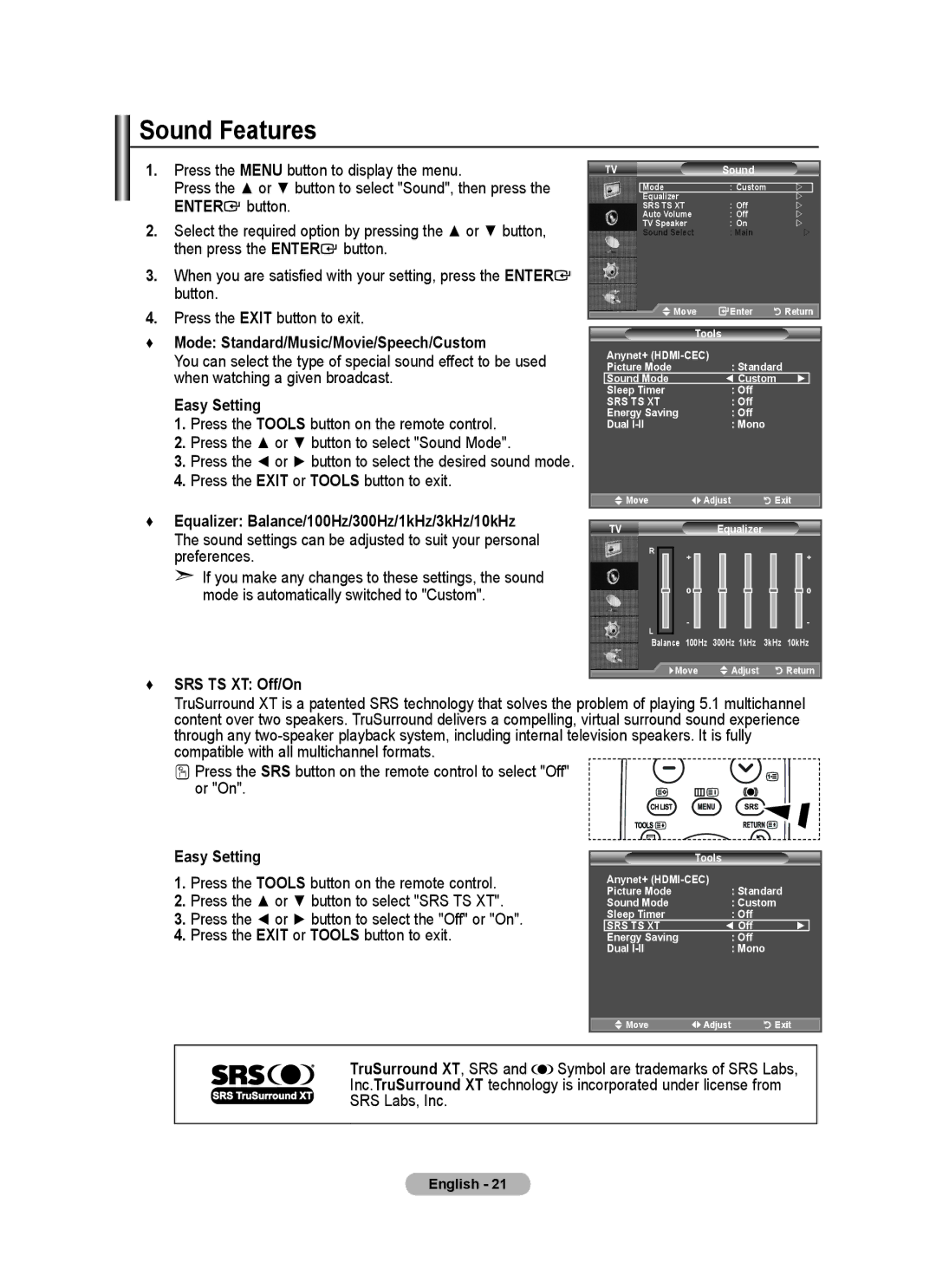 Samsung BN68-01699A-00 user manual Sound Features, Mode Standard/Music/Movie/Speech/Custom, SRS TS XT Off/On 