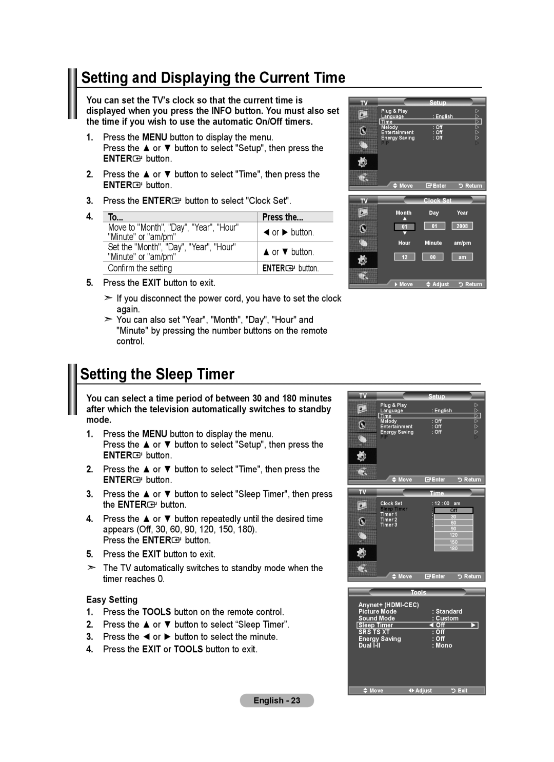 Samsung BN68-01699A-00 user manual Setting and Displaying the Current Time, Setting the Sleep Timer, Press 