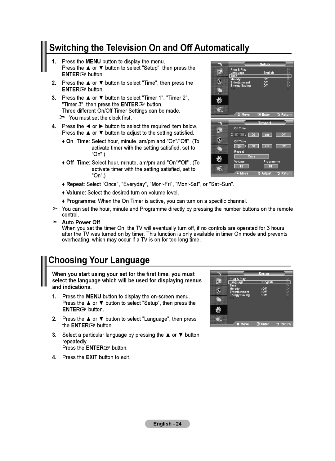 Samsung BN68-01699A-00 Switching the Television On and Off Automatically, Choosing Your Language, Auto Power Off 