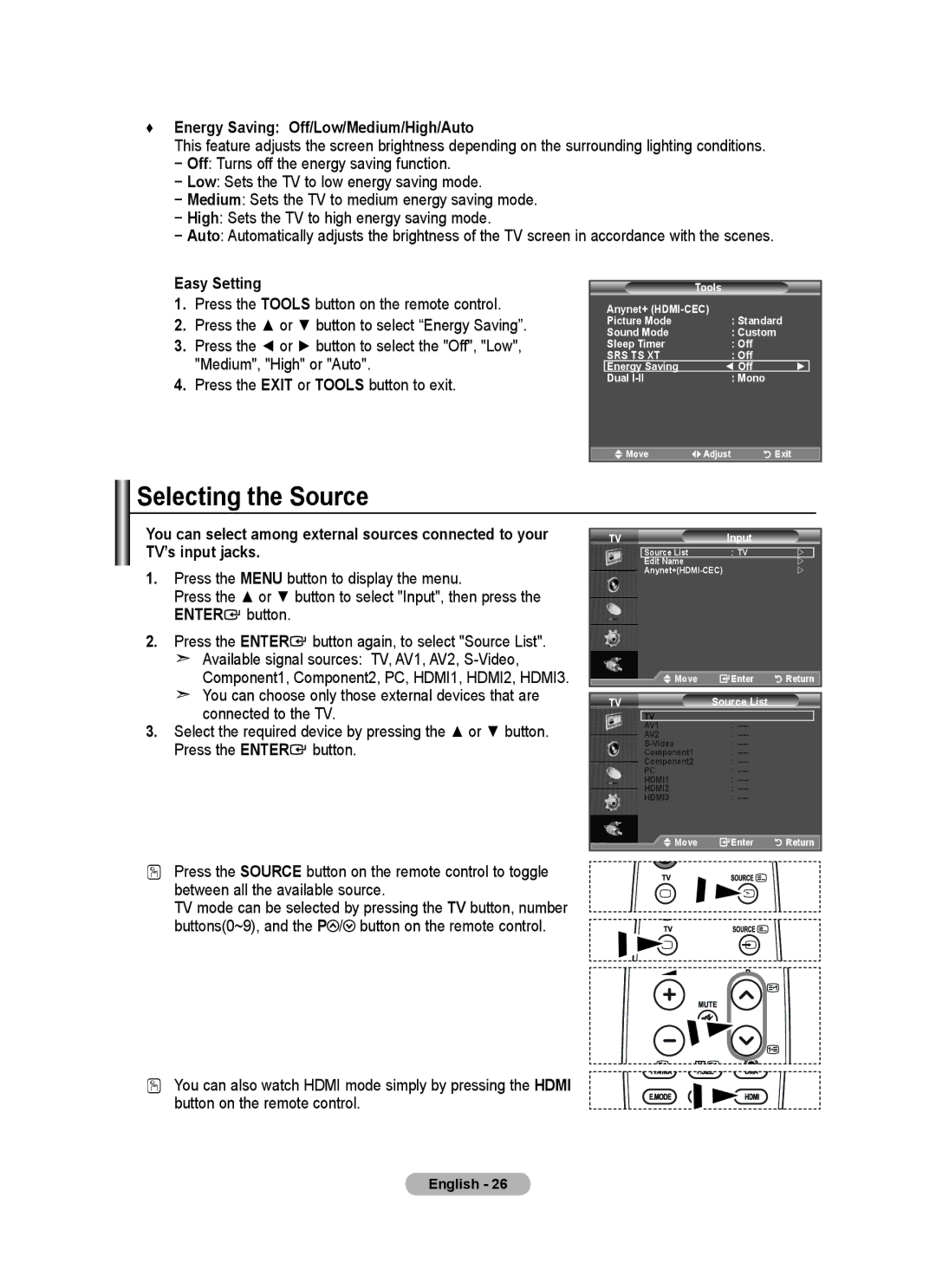 Samsung BN68-01699A-00 user manual Selecting the Source, Energy Saving Off/Low/Medium/High/Auto 