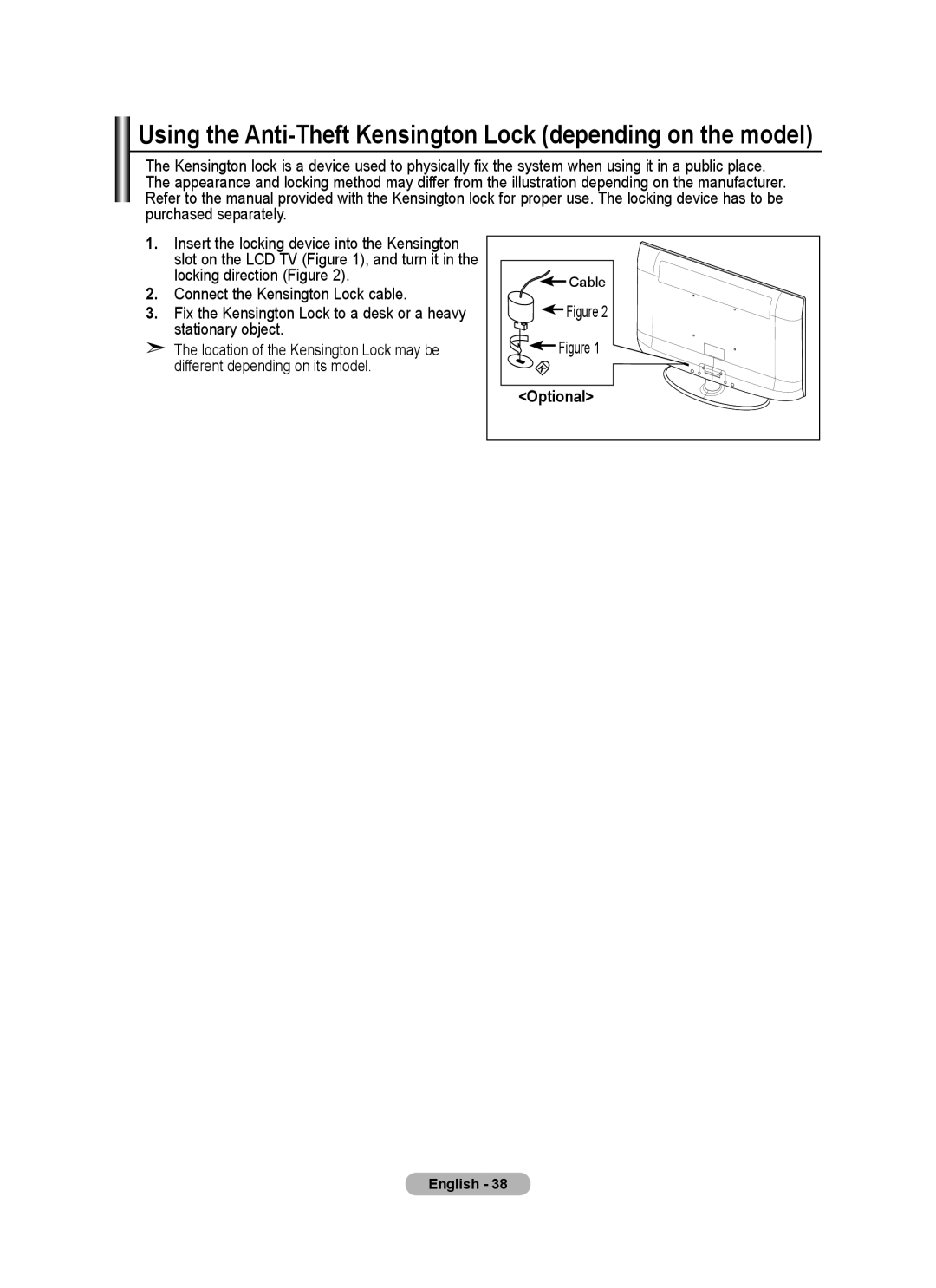 Samsung BN68-01699A-00 user manual Using the Anti-Theft Kensington Lock depending on the model, Locking direction Figure 