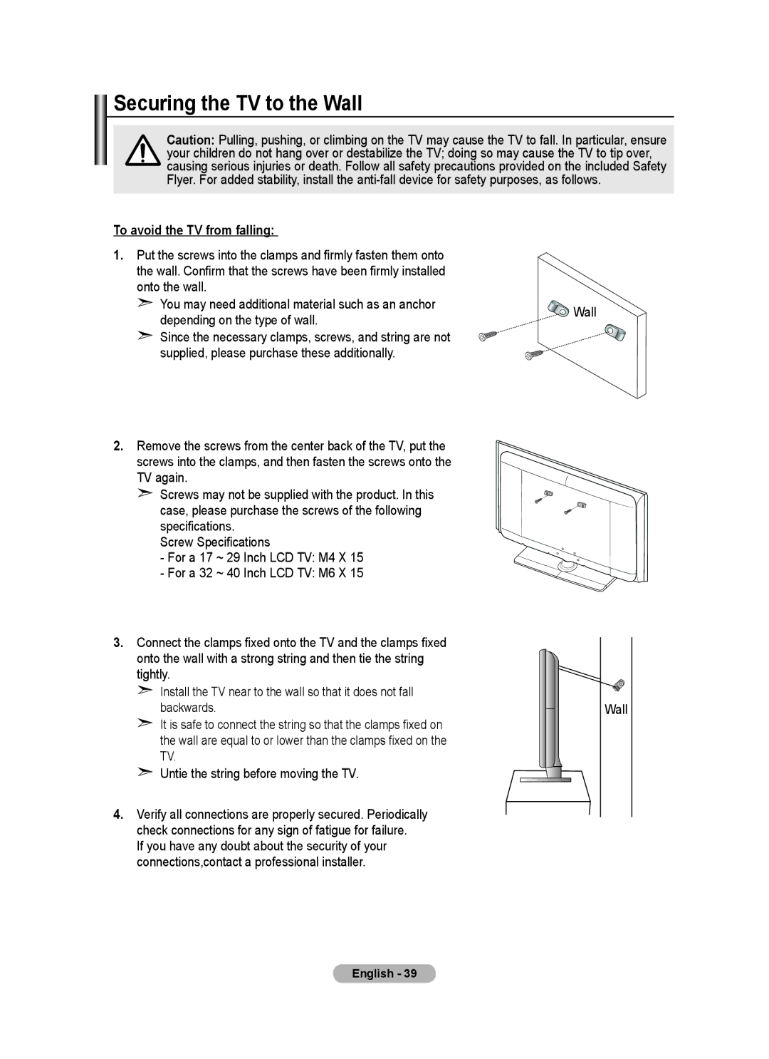 Samsung BN68-01699A-00 user manual Securing the TV to the Wall, To avoid the TV from falling, Depending on the type of wall 