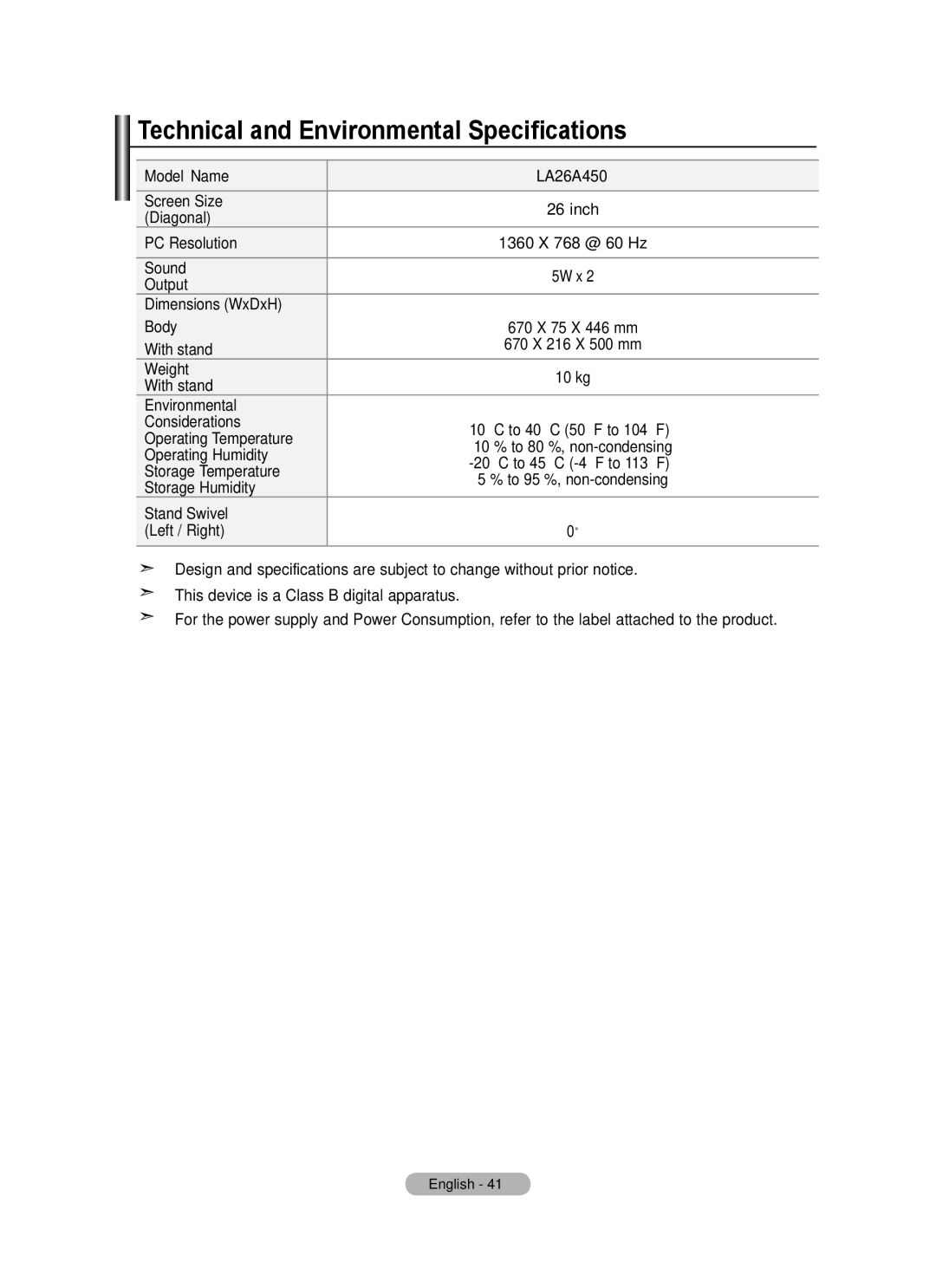 Samsung BN68-01699A-00 user manual Technical and Environmental Specifications 