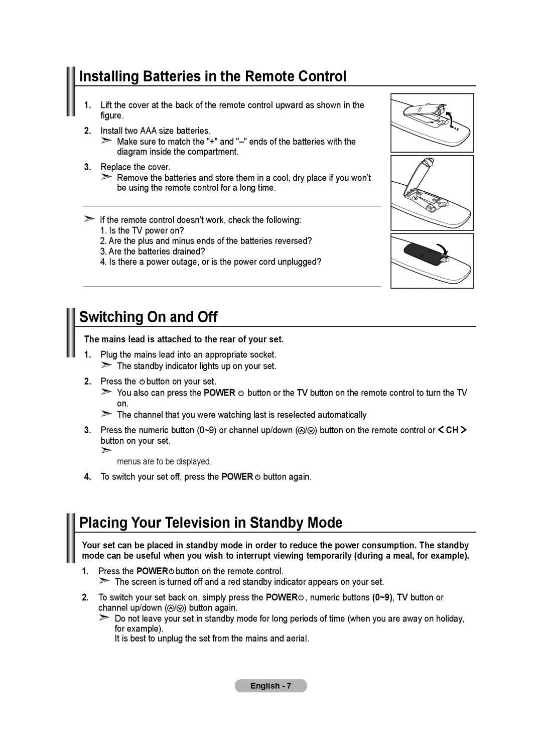 Samsung BN68-01699A-00 user manual Installing Batteries in the Remote Control, Switching On and Off 