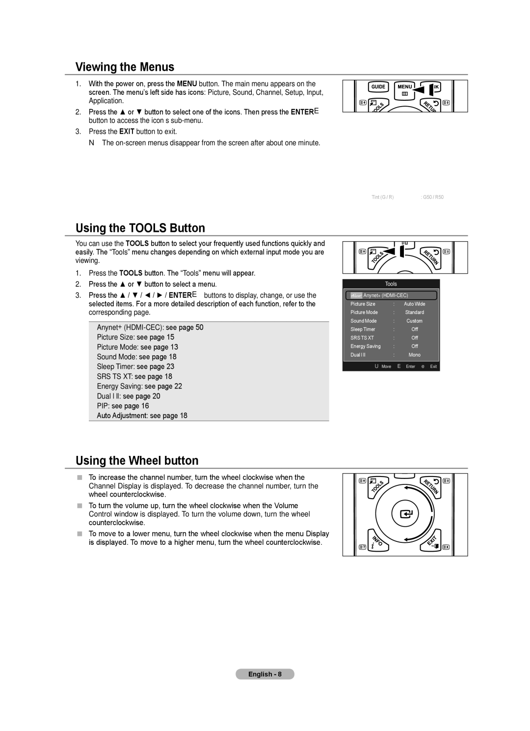 Samsung BN68-01700A-00 user manual Viewing the Menus, Using the Tools Button, Using the Wheel button, Mode 