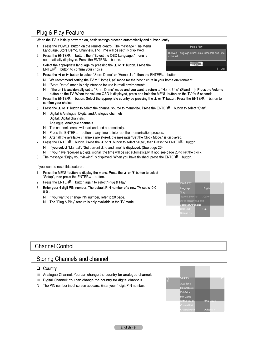Samsung BN68-01700A-00 user manual Plug & Play Feature, Channel Control Storing Channels and channel, Country 
