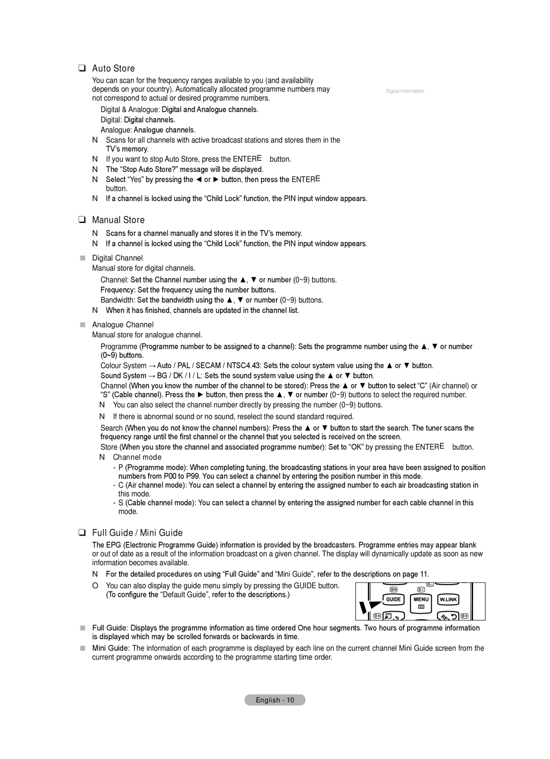 Samsung BN68-01700A-00 user manual Auto Store, Manual Store, Full Guide / Mini Guide, Channel mode 