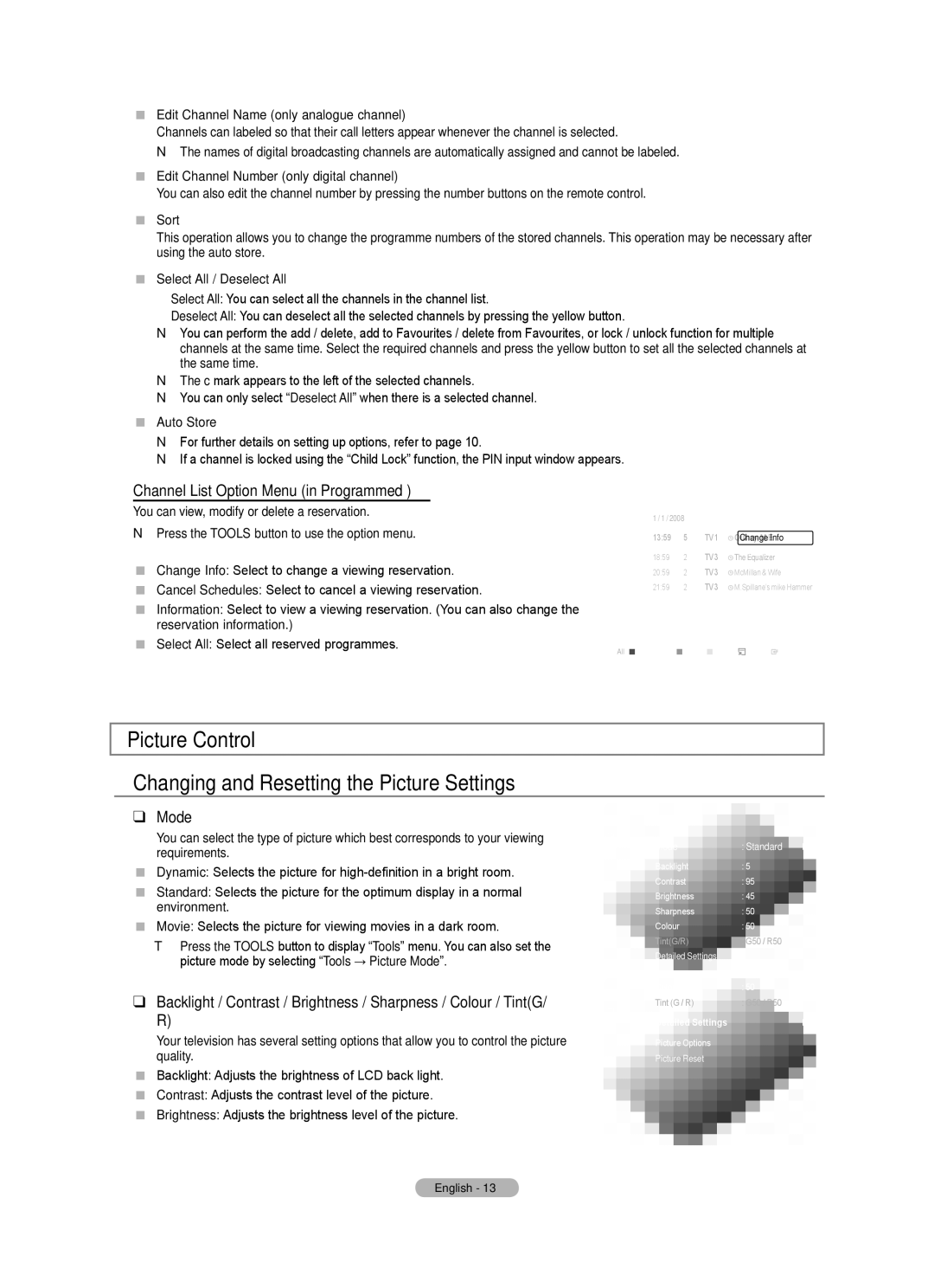 Samsung BN68-01700A-00 Picture Control Changing and Resetting the Picture Settings, Channel List Option Menu in Programmed 