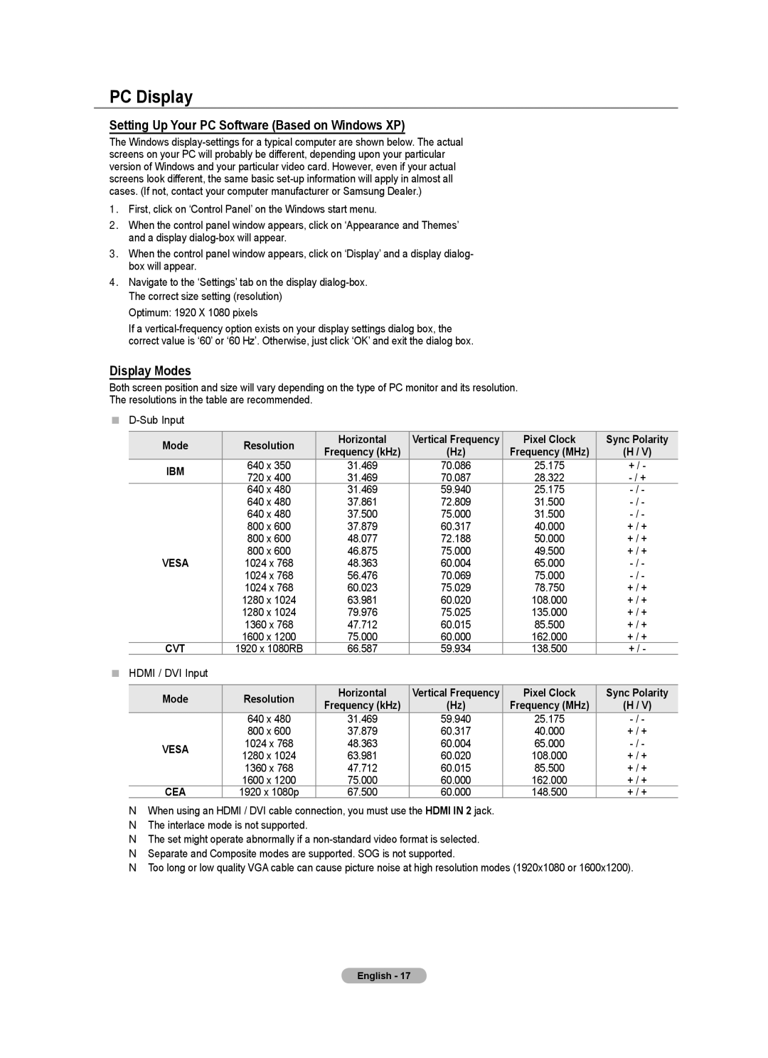 Samsung BN68-01700A-00 user manual PC Display, Setting Up Your PC Software Based on Windows XP, Display Modes 