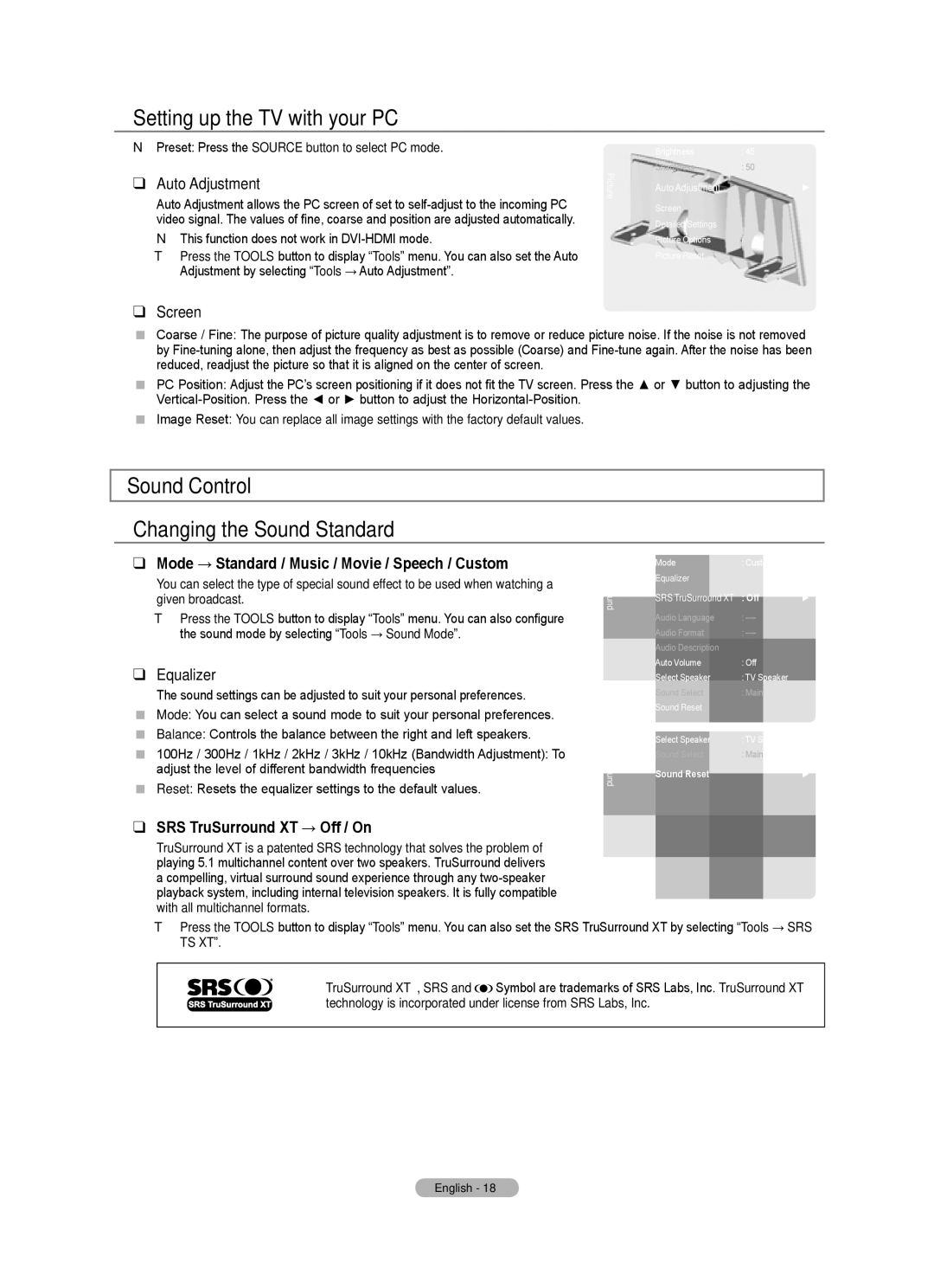 Samsung BN68-01700A-00 user manual Setting up the TV with your PC, Sound Control Changing the Sound Standard 