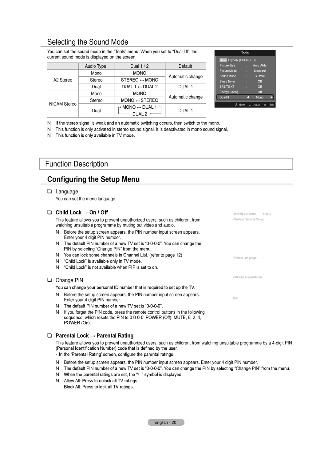 Samsung BN68-01700A-00 user manual Selecting the Sound Mode, Function Description Configuring the Setup Menu 