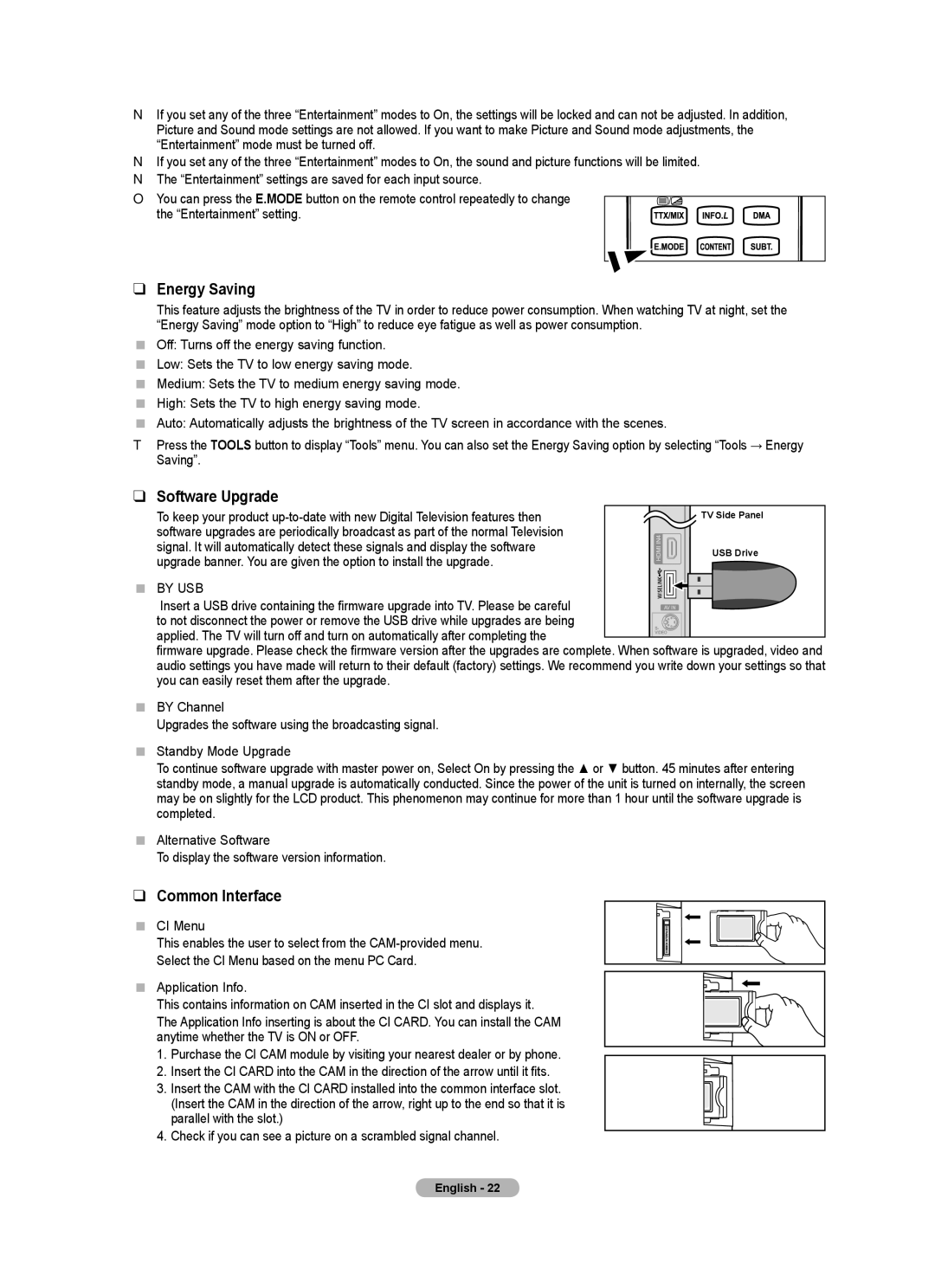 Samsung BN68-01700A-00 user manual Energy Saving, Software Upgrade, Common Interface 