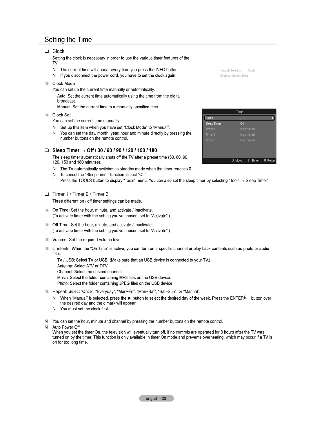 Samsung BN68-01700A-00 Setting the Time, Clock, Sleep Timer → Off / 30 / 60 / 90 / 120 / 150, Timer 1 / Timer 2 / Timer 