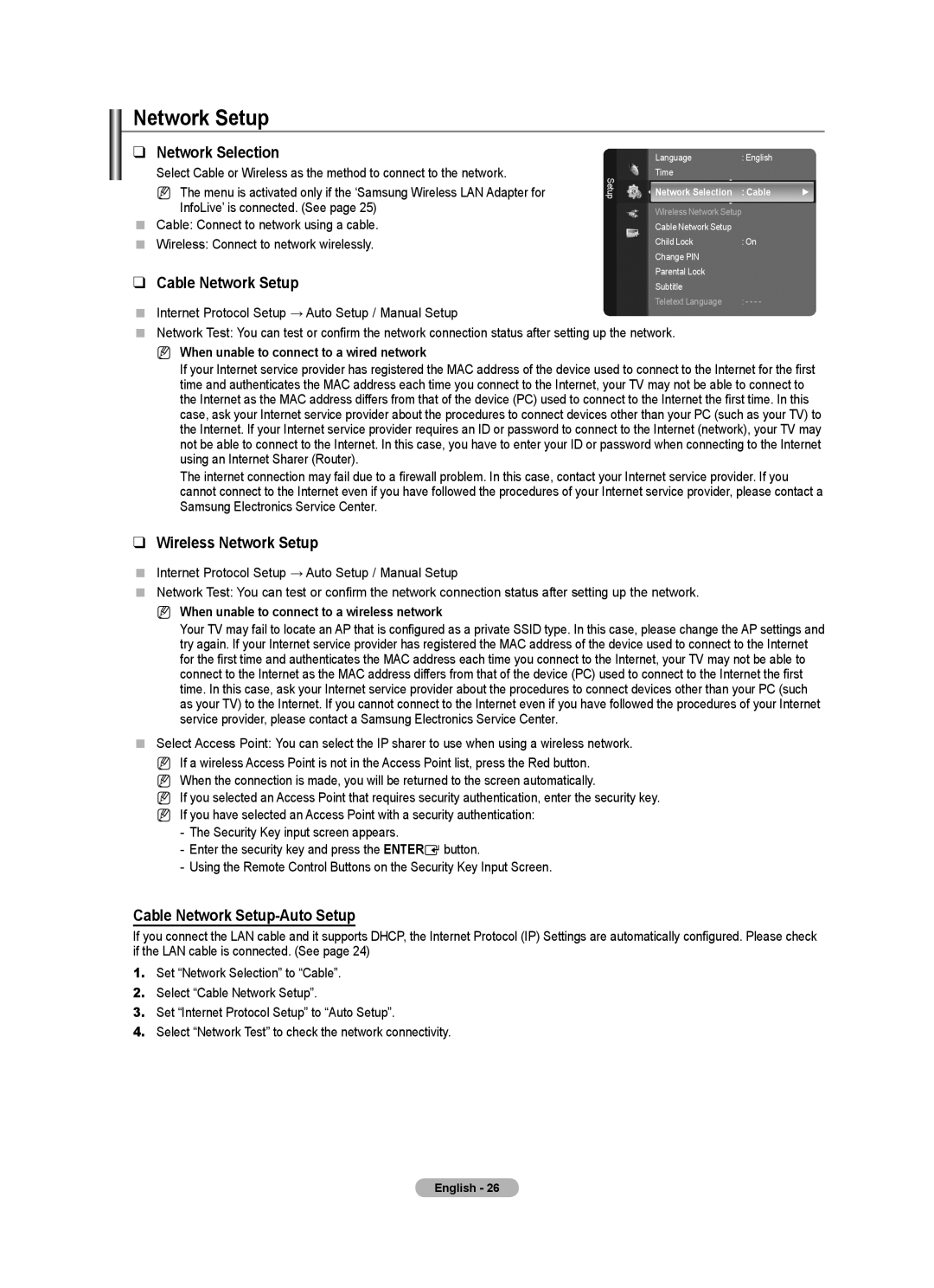 Samsung BN68-01700A-00 user manual Network Selection, Wireless Network Setup, Cable Network Setup-Auto Setup 