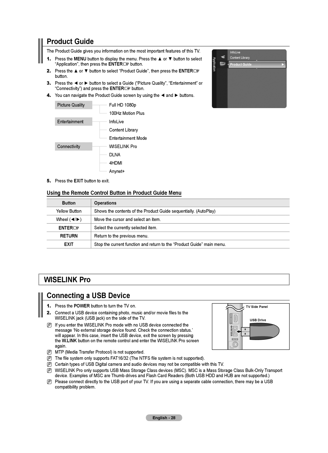 Samsung BN68-01700A-00 user manual Product Guide, Wiselink Pro Connecting a USB Device, Button Operations 