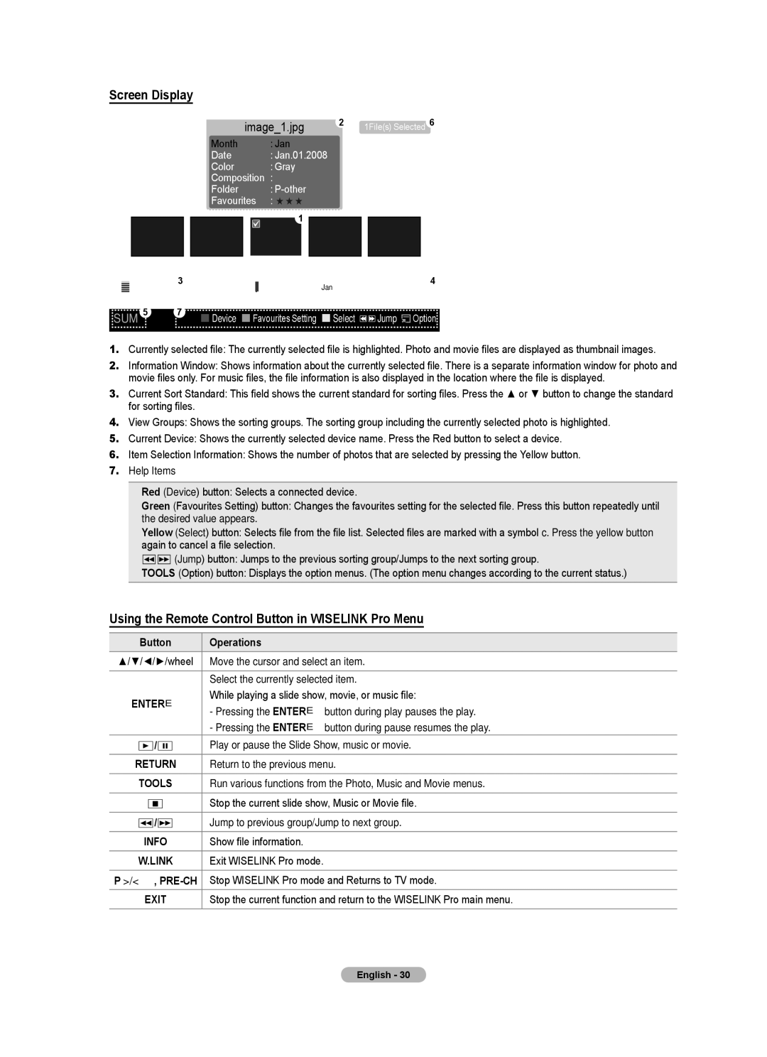 Samsung BN68-01700A-00 user manual Screen Display, Using the Remote Control Button in Wiselink Pro Menu, ∂/∑ 