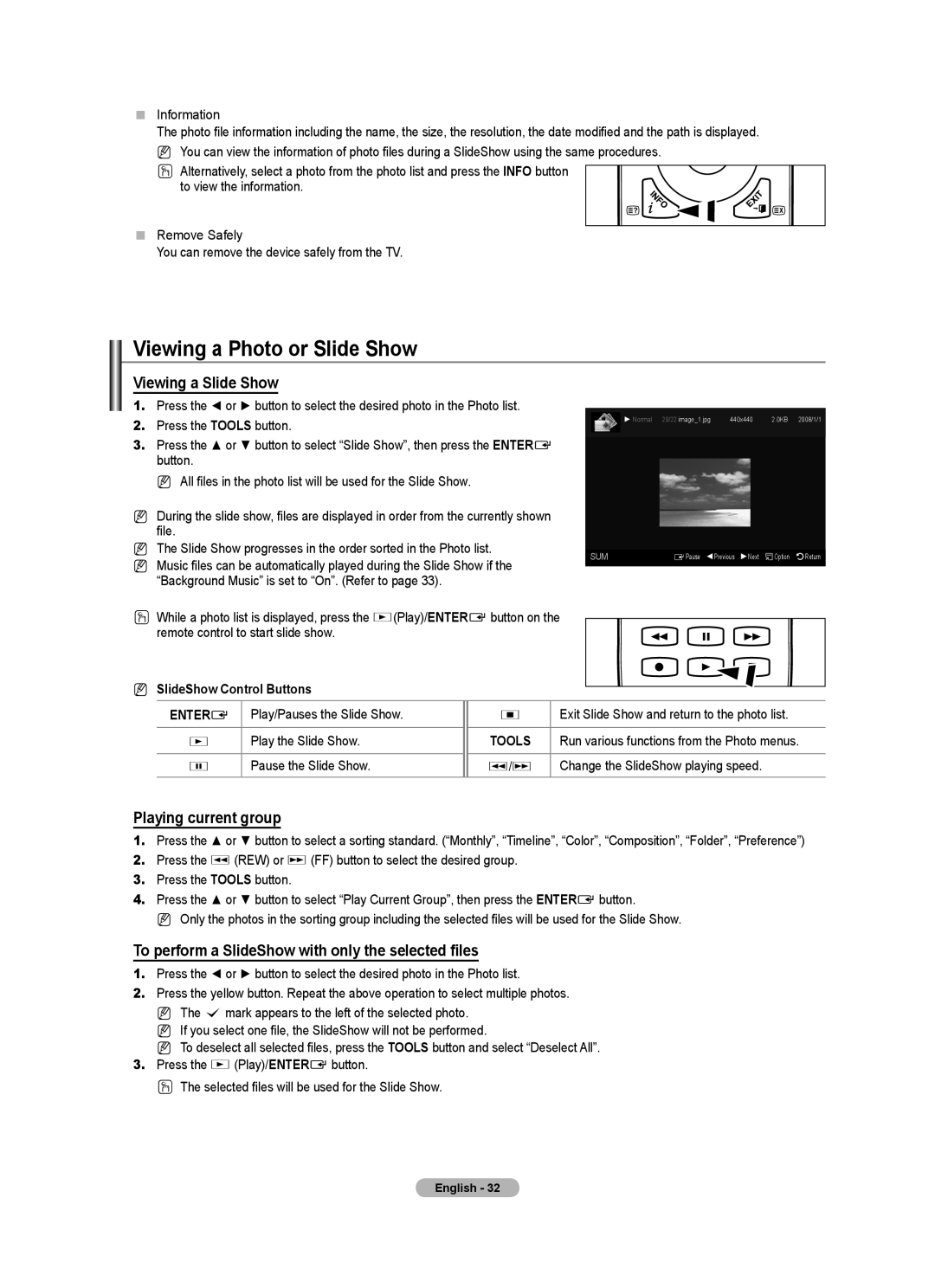 Samsung BN68-01700A-00 user manual Viewing a Photo or Slide Show, Viewing a Slide Show, Playing current group 