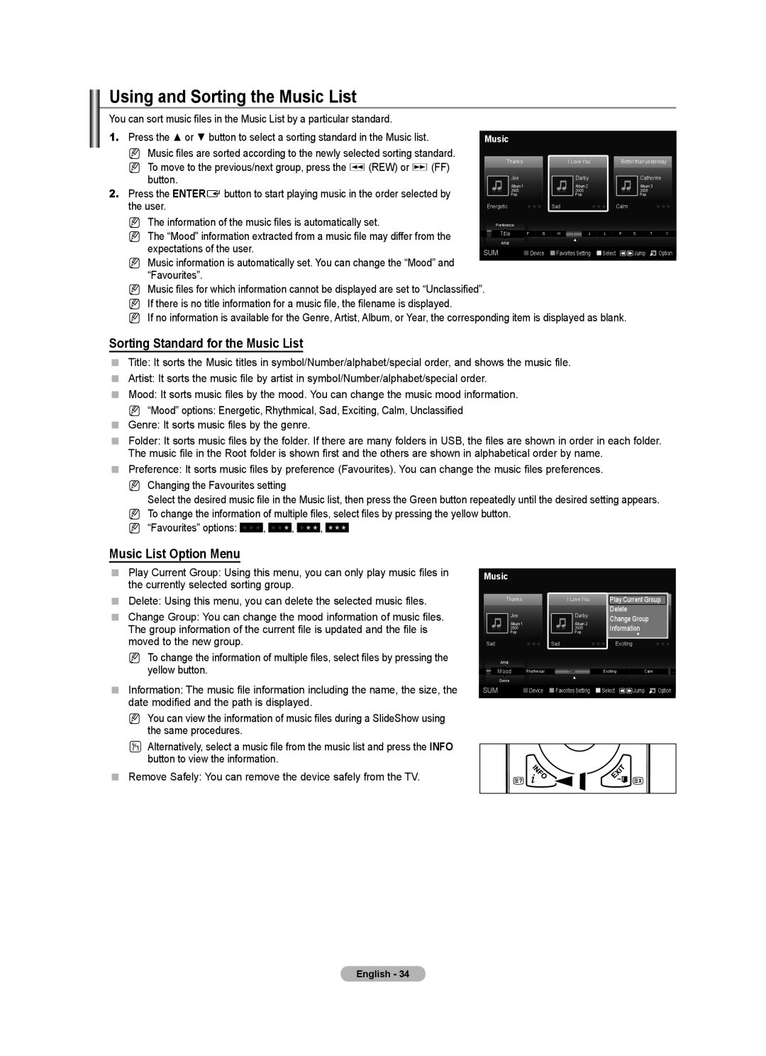 Samsung BN68-01700A-00 Using and Sorting the Music List, Sorting Standard for the Music List, Music List Option Menu 