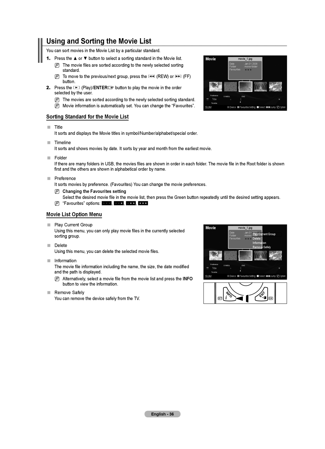 Samsung BN68-01700A-00 Using and Sorting the Movie List, Sorting Standard for the Movie List, Movie List Option Menu 