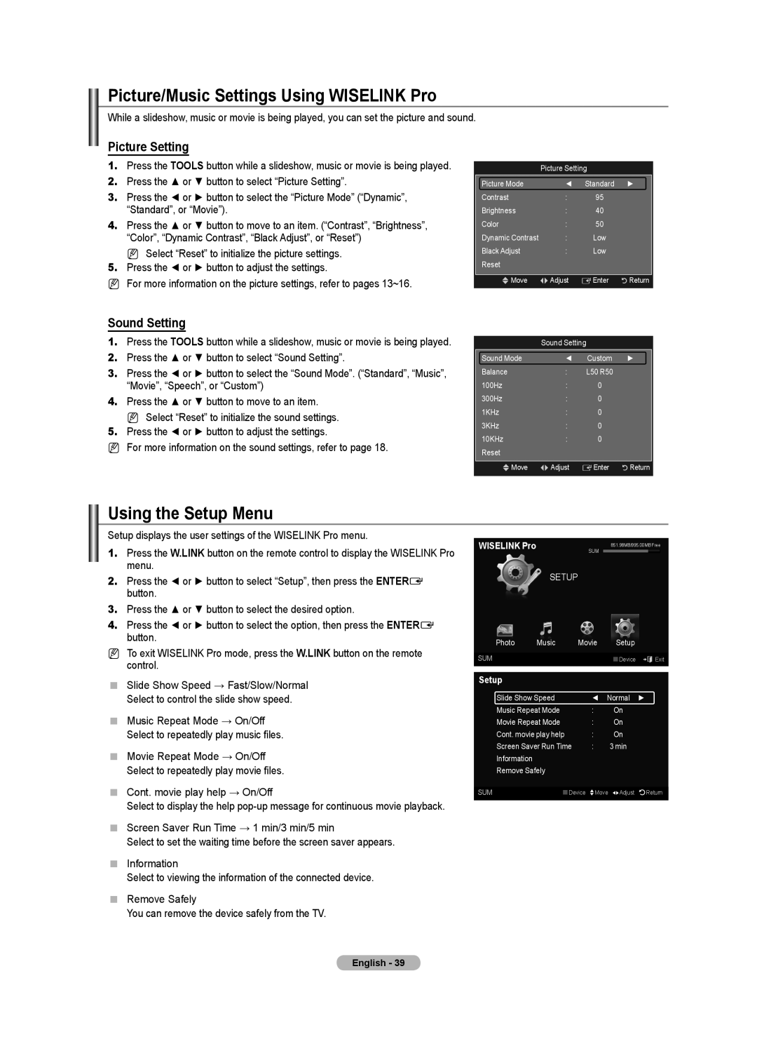 Samsung BN68-01700A-00 Picture/Music Settings Using Wiselink Pro, Using the Setup Menu, Picture Setting, Sound Setting 